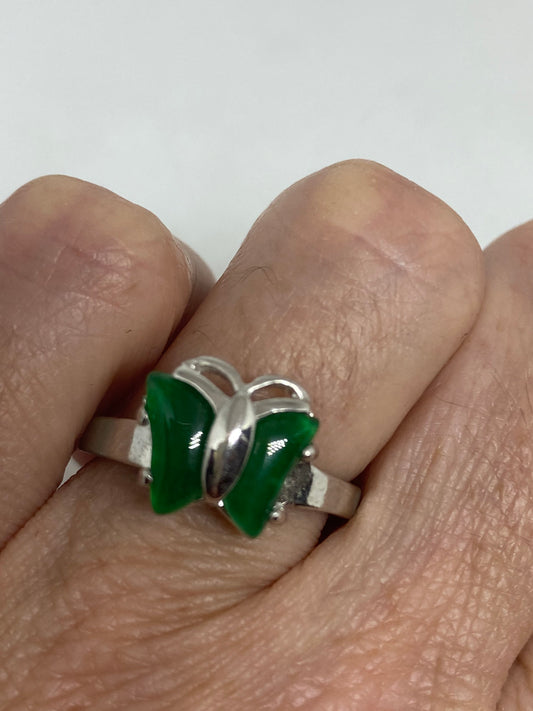 Vintage Lucky Green Nephrite Jade Butterfly Ring