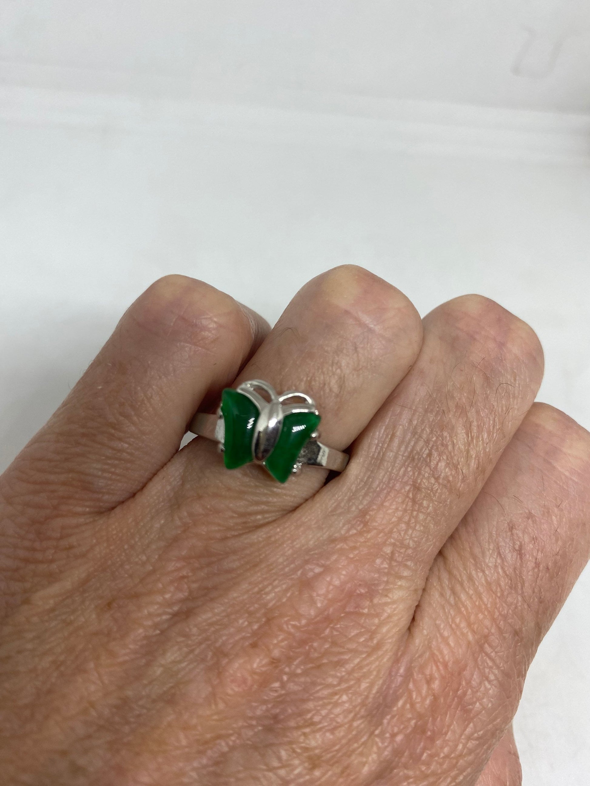 Vintage Lucky Green Nephrite Jade Butterfly Ring