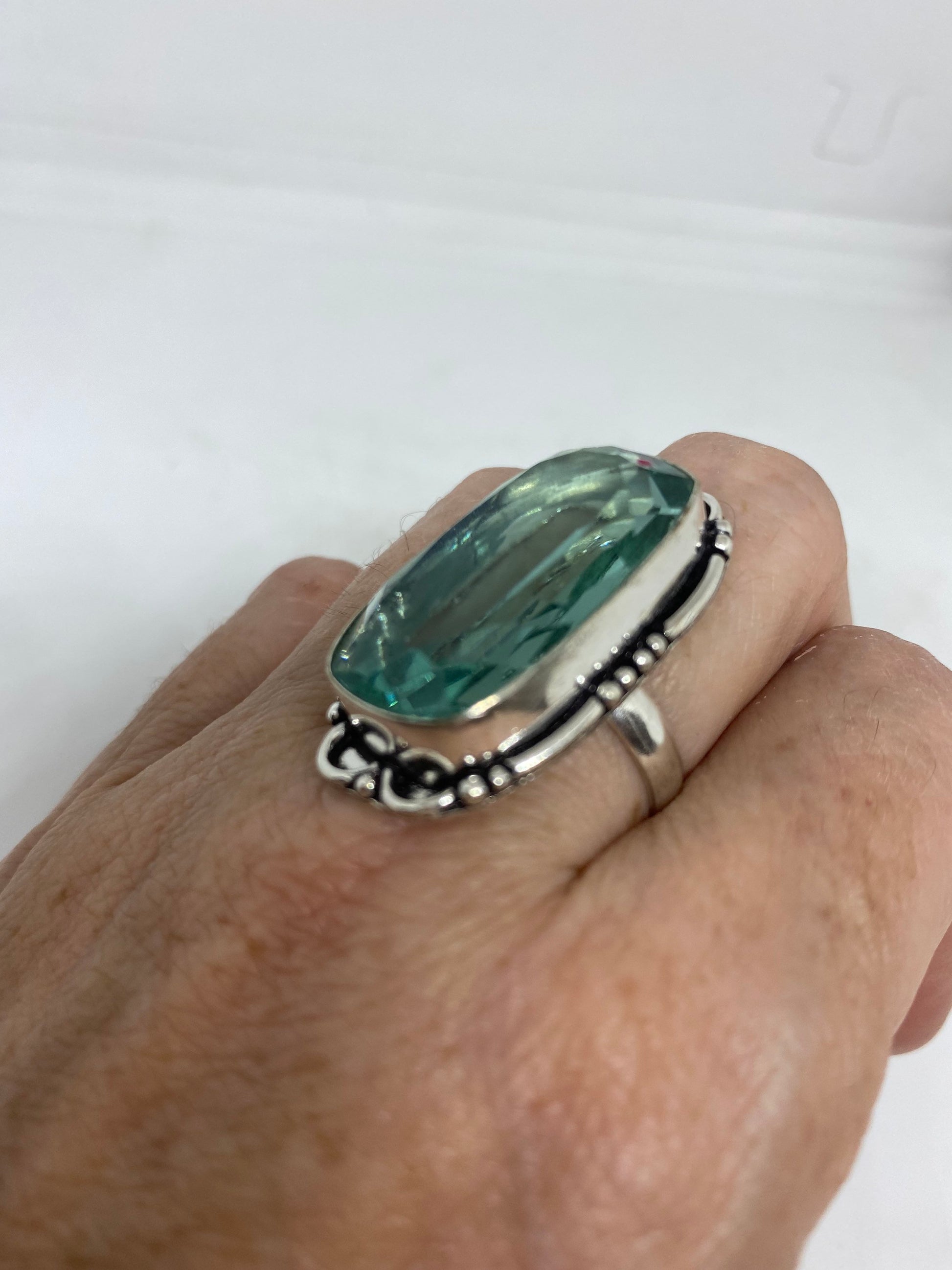 Vintage Aqua Vintage Art Glass Ring About 1 Inch Knuckle Ring Size 7.25