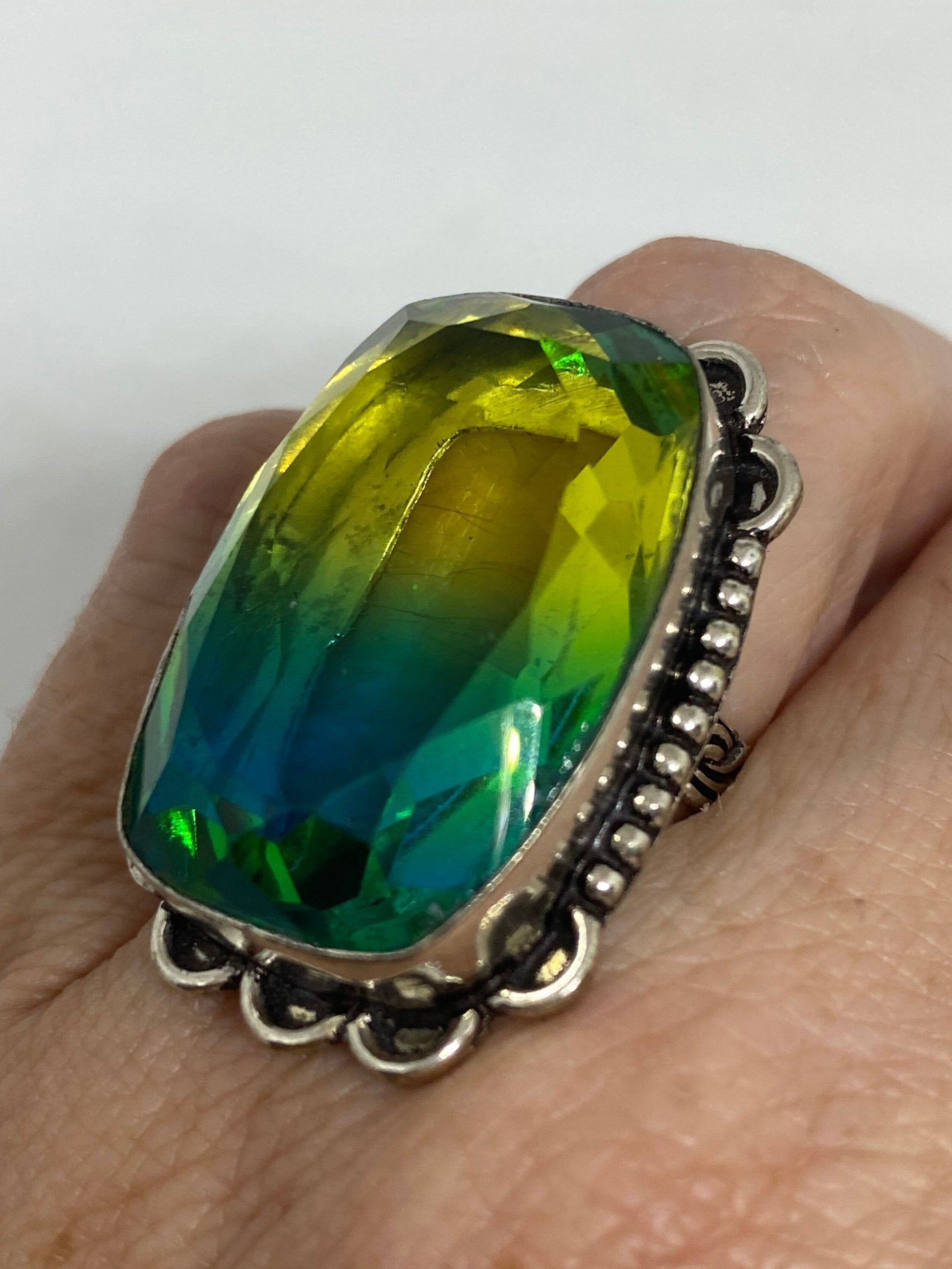Vintage Yellow Aqua Vintage Art Glass Ring About 1 Inch Knuckle Ring