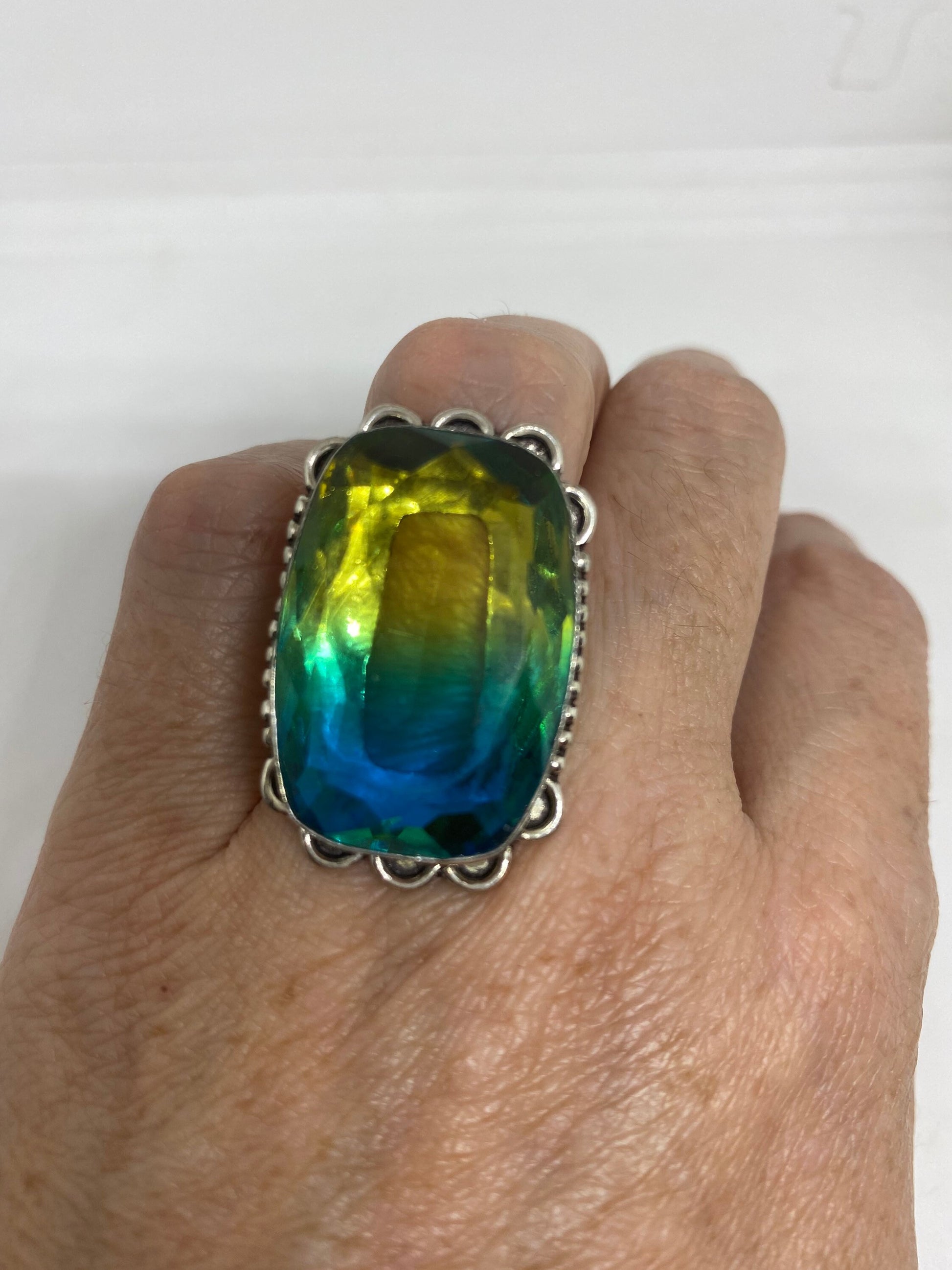 Vintage Yellow Aqua Vintage Art Glass Ring About 1 Inch Knuckle Ring