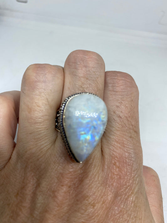 Vintage Genuine Blue White Rainbow Moonstone Ring