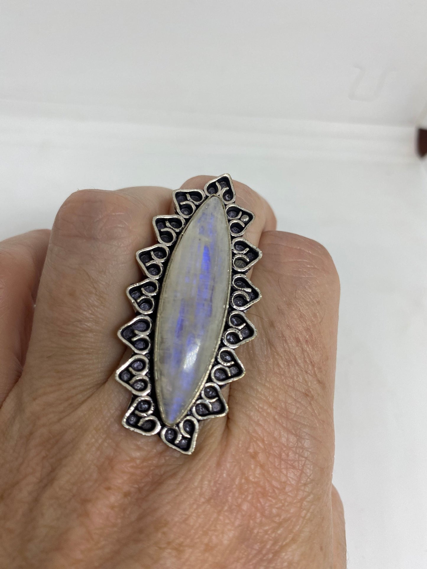 Vintage Genuine Blue White Rainbow Moonstone Ring