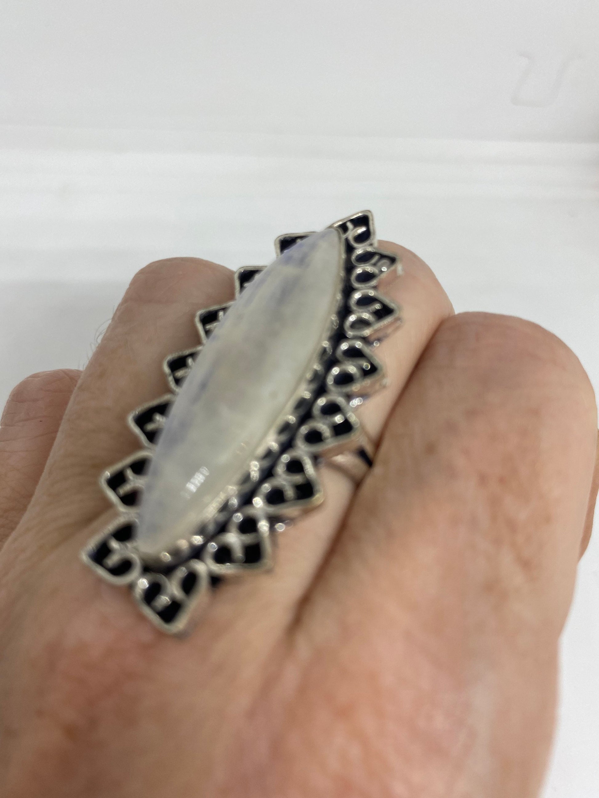 Vintage Genuine Blue White Rainbow Moonstone Ring