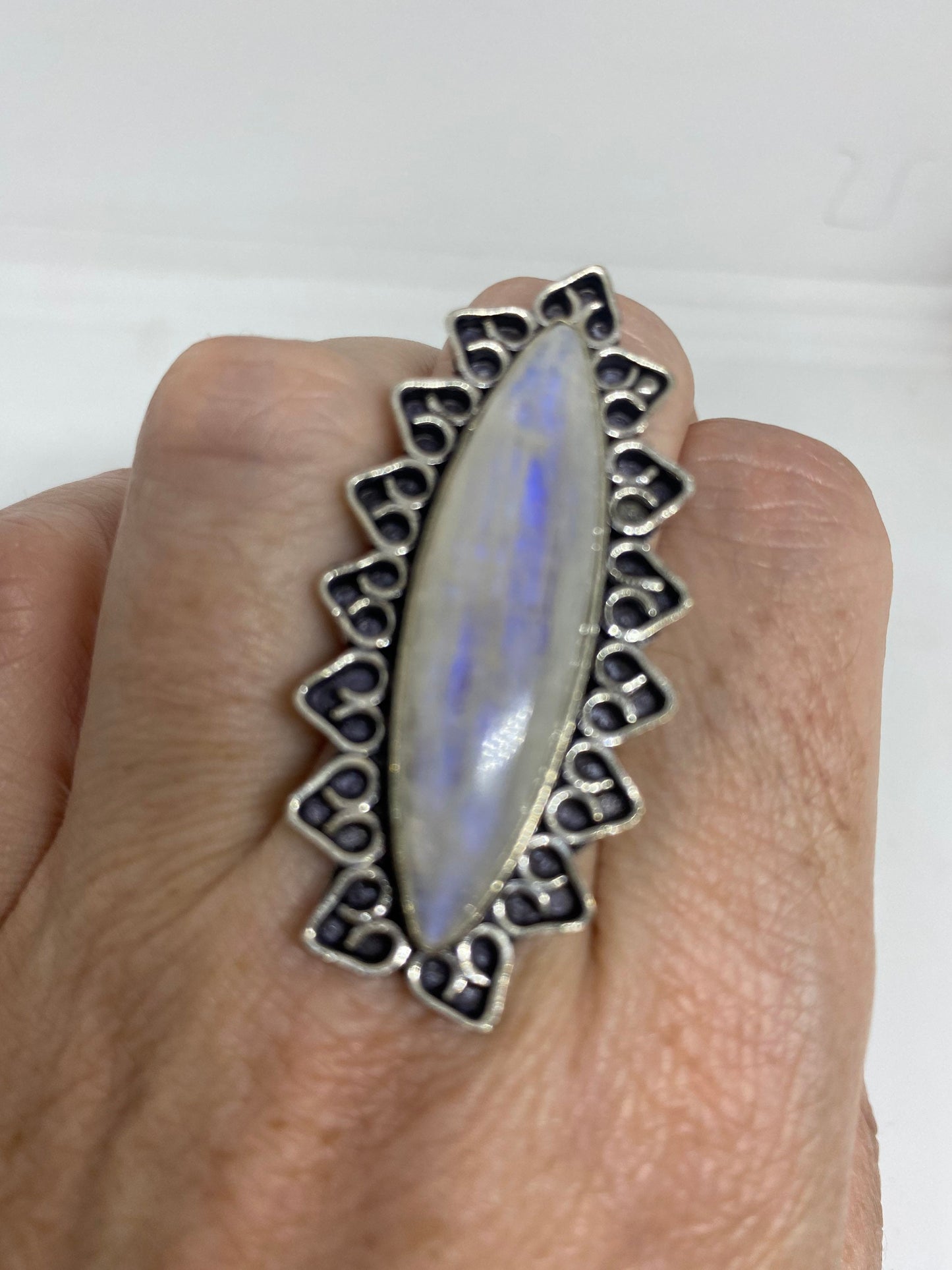 Vintage Genuine Blue White Rainbow Moonstone Ring