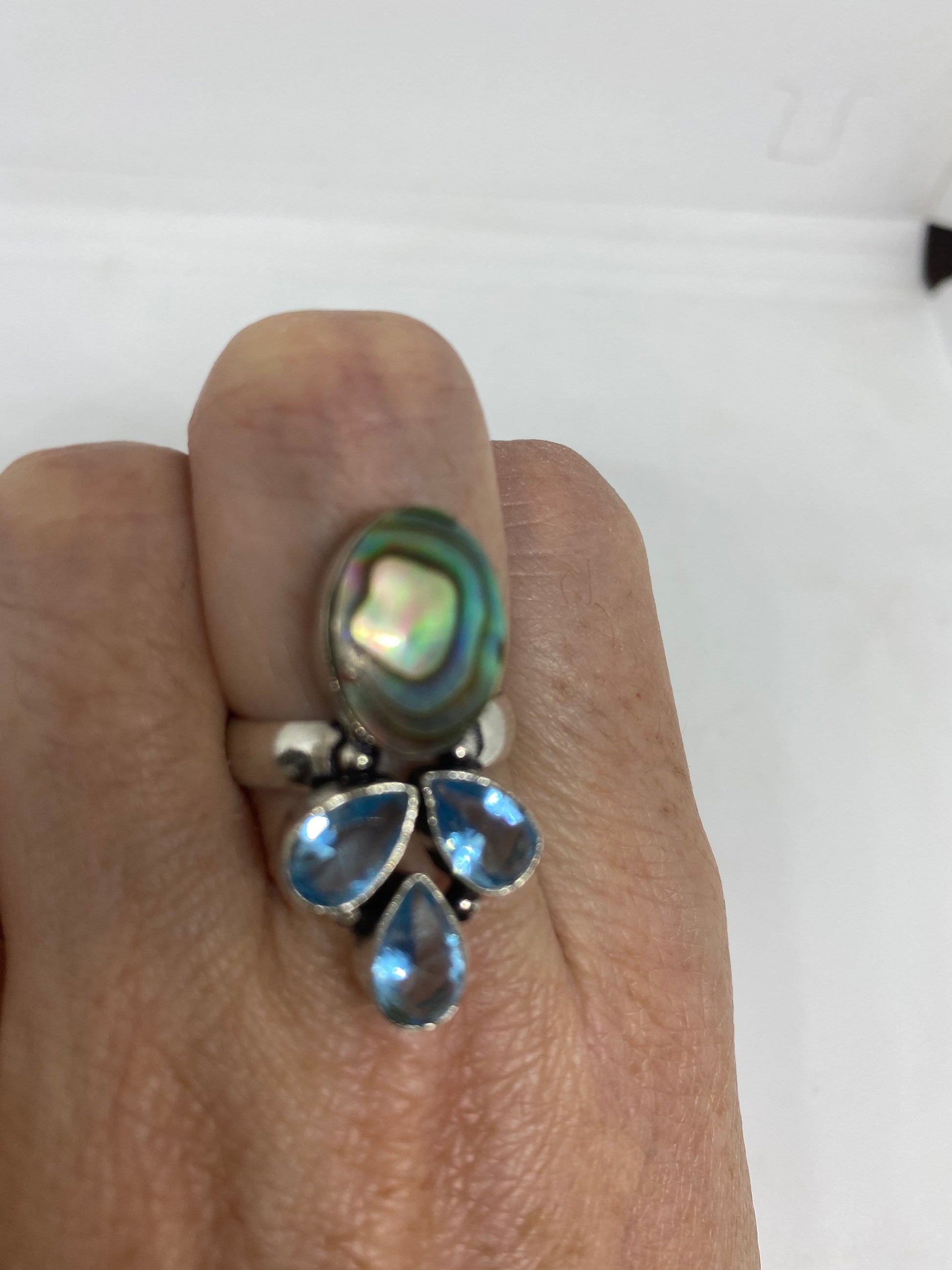 Antique Green Abalone Blue Topaz White Bronze Silver Ring