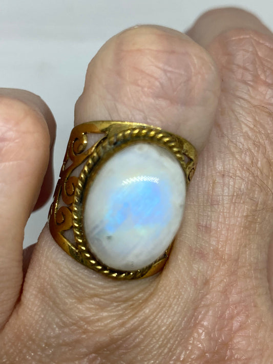 Vintage Genuine Blue White Rainbow Moonstone Ring