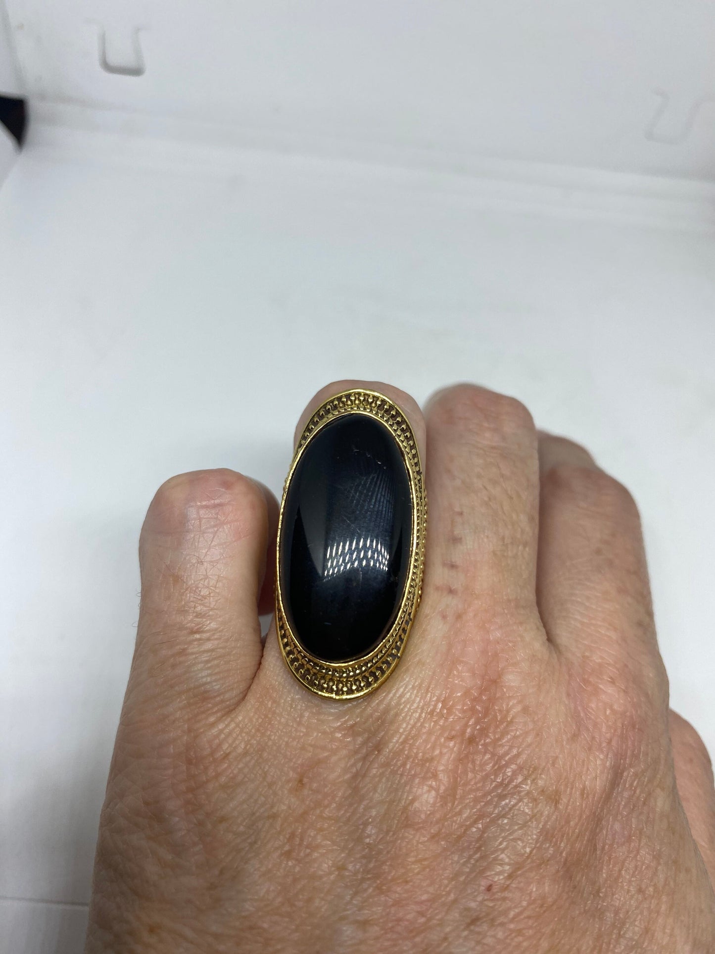 Vintage Genuine Black Onyx Golden Bronx Ring Size 8.5 Adjustable