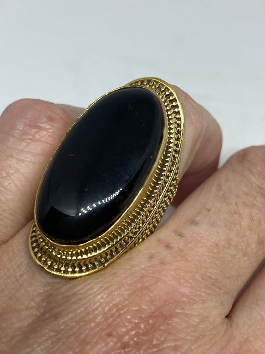 Vintage Genuine Black Onyx Golden Bronx Ring Size 8.5 Adjustable