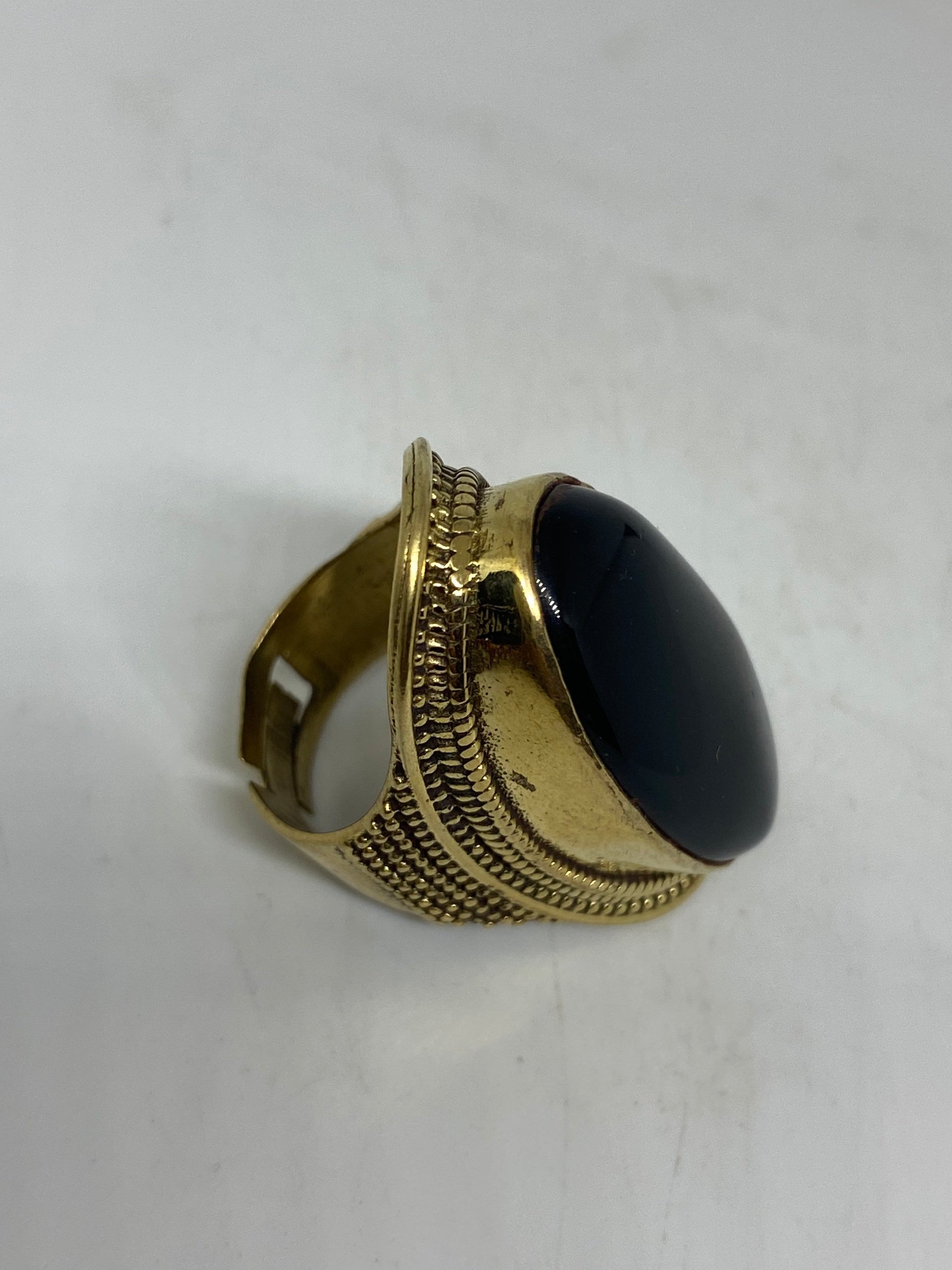 Vintage Genuine Black Onyx Golden Bronx Ring Size 8.5 Adjustable