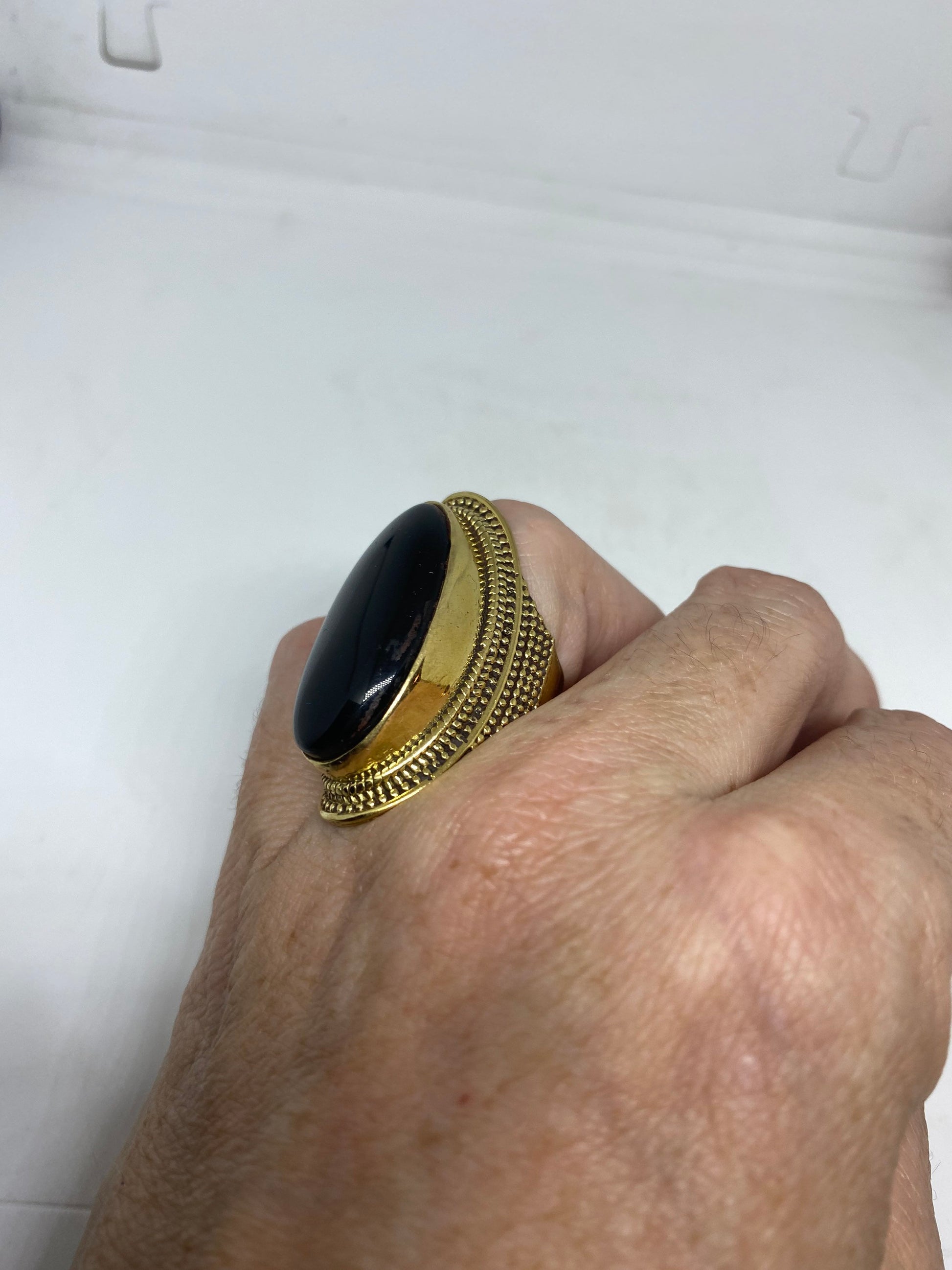 Vintage Genuine Black Onyx Golden Bronx Ring Size 8.5 Adjustable