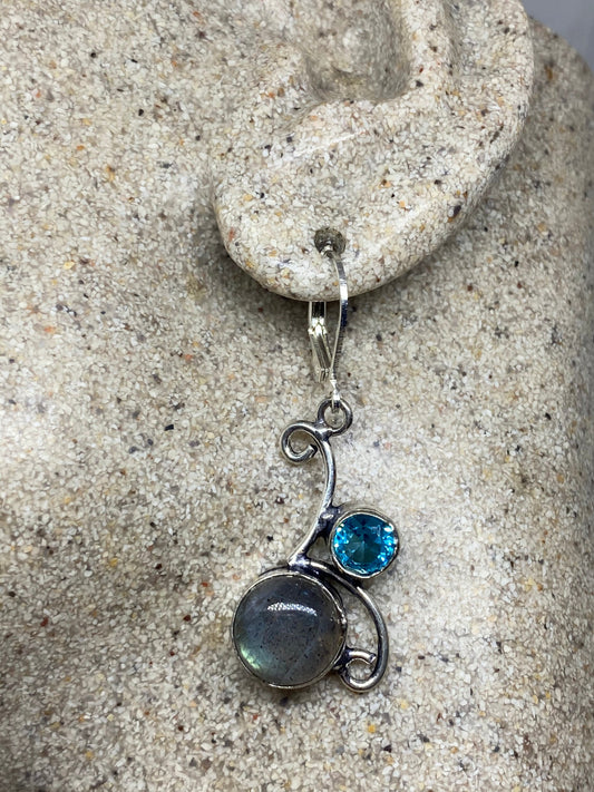 Vintage Rainbow Labradorite Blue Topaz Earrings Silver Dangle 925 Sterling Silver Leverbacks