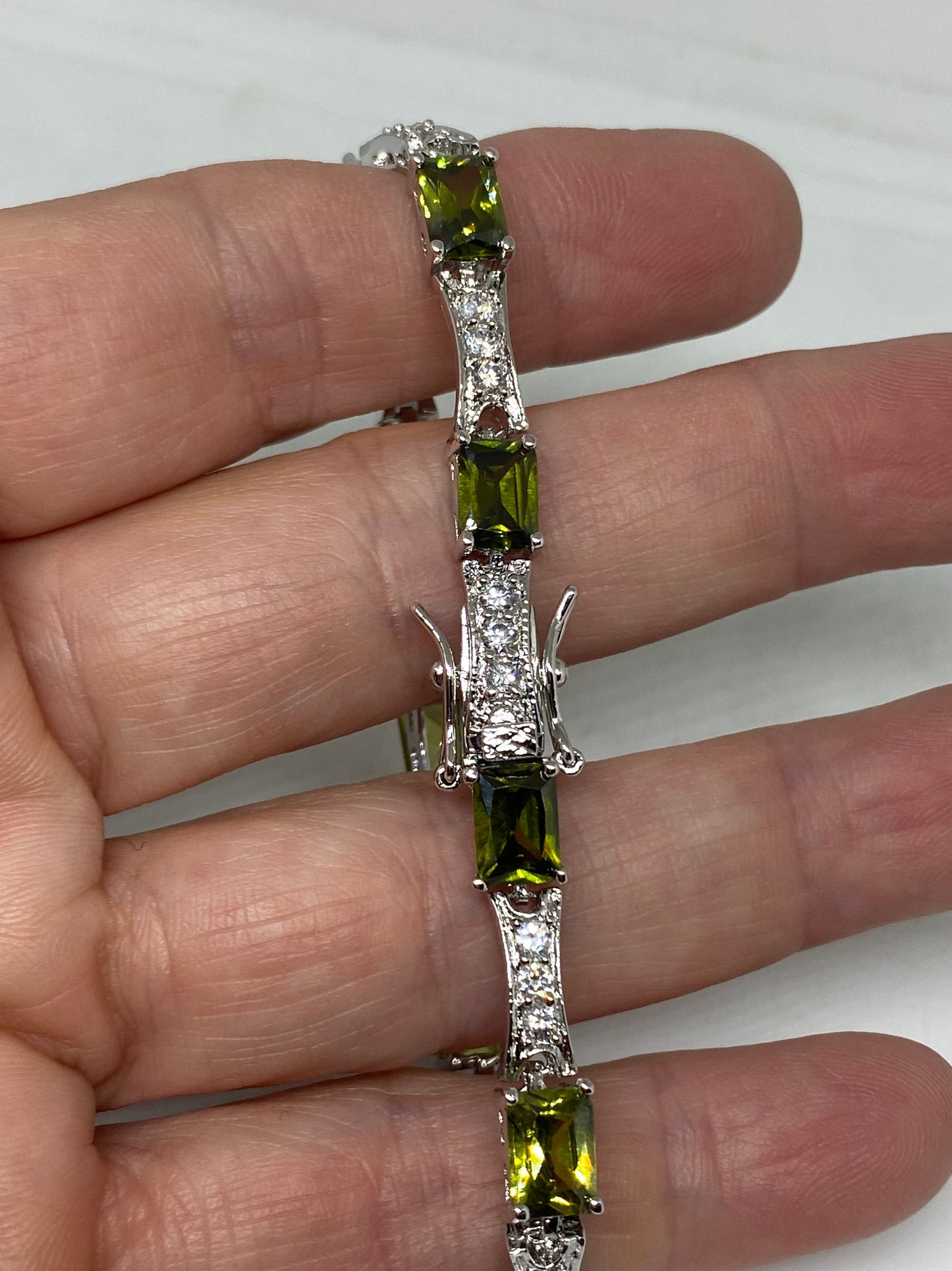 Vintage Peridot Cubic Zirconia 925 Sterling Silver Tennis Bracelet