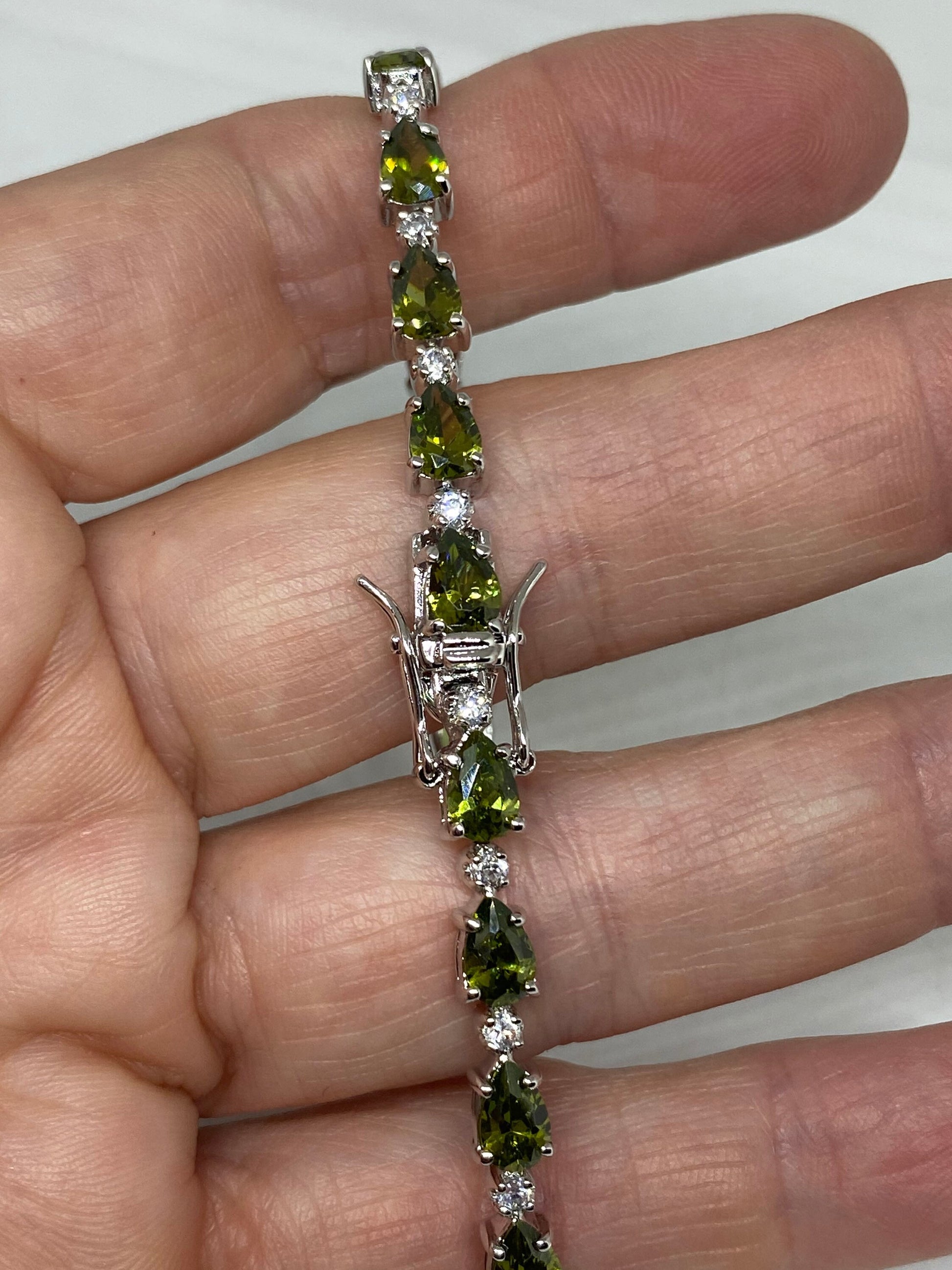 Vintage Peridot and Cubic Zirconia 925 Sterling Silver Tennis Bracelet