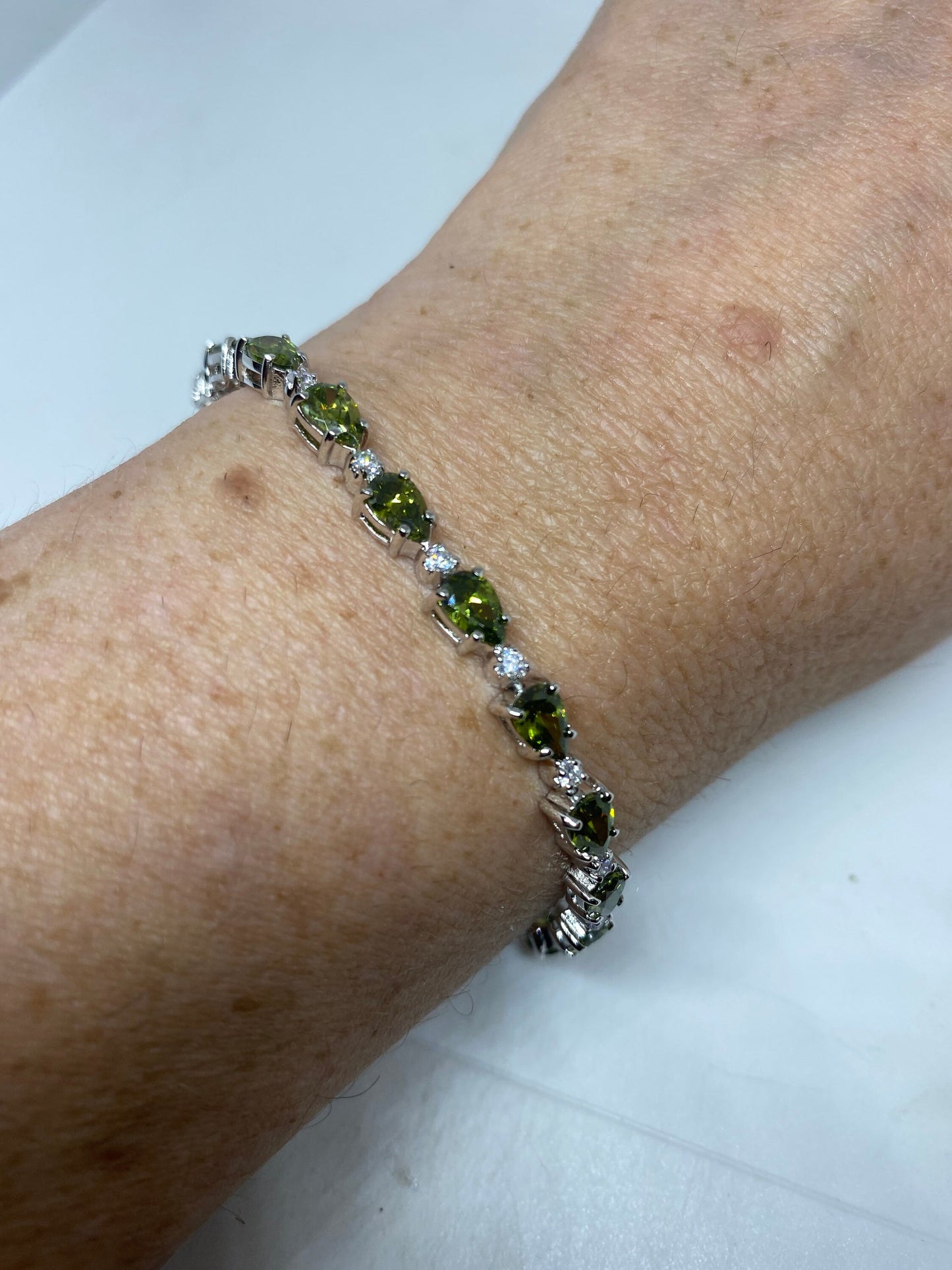 Vintage Peridot and Cubic Zirconia 925 Sterling Silver Tennis Bracelet