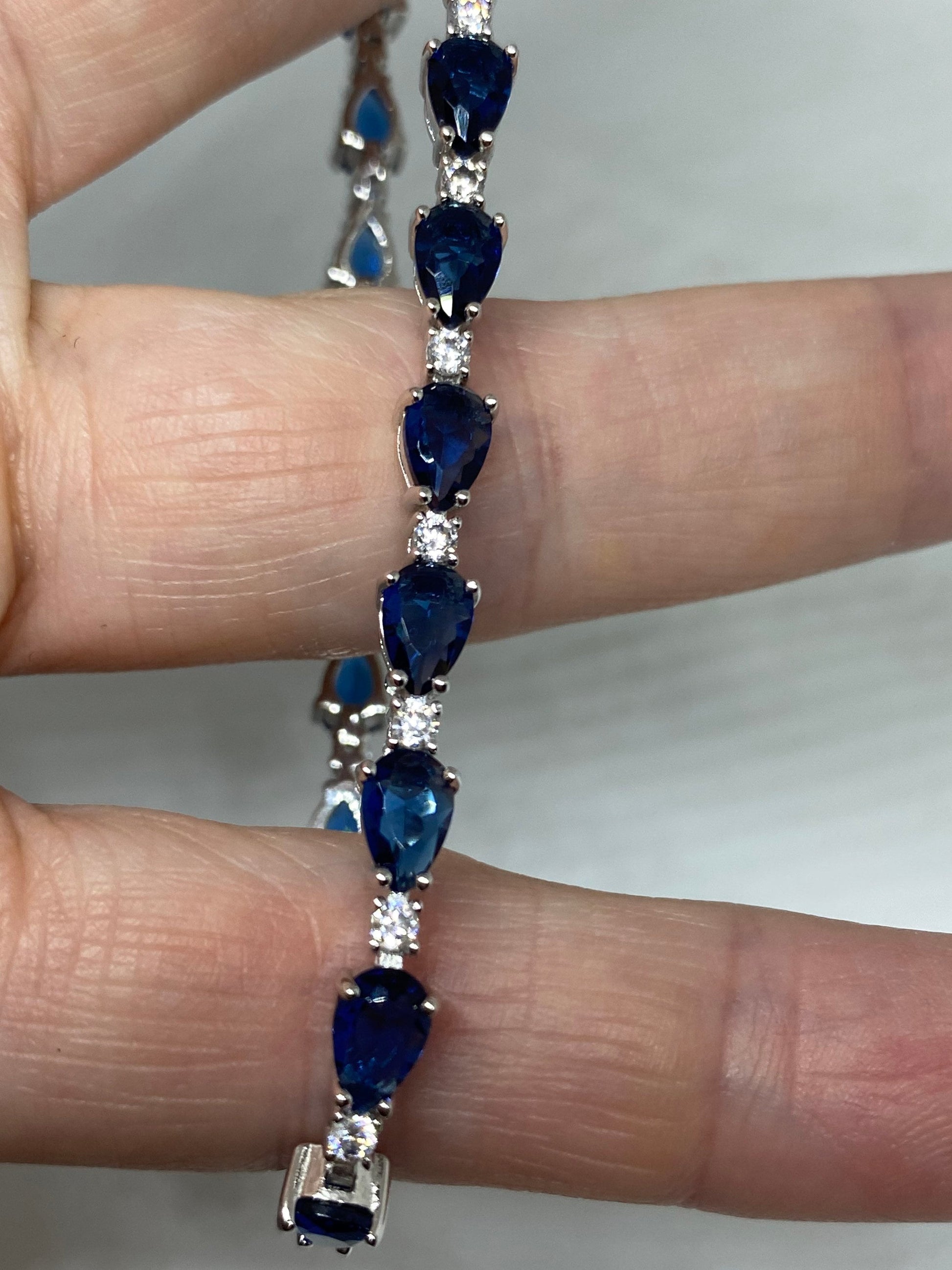 Vintage Blue Crystal Cubic Zirconia Bracelet Sterling Silver Tennis