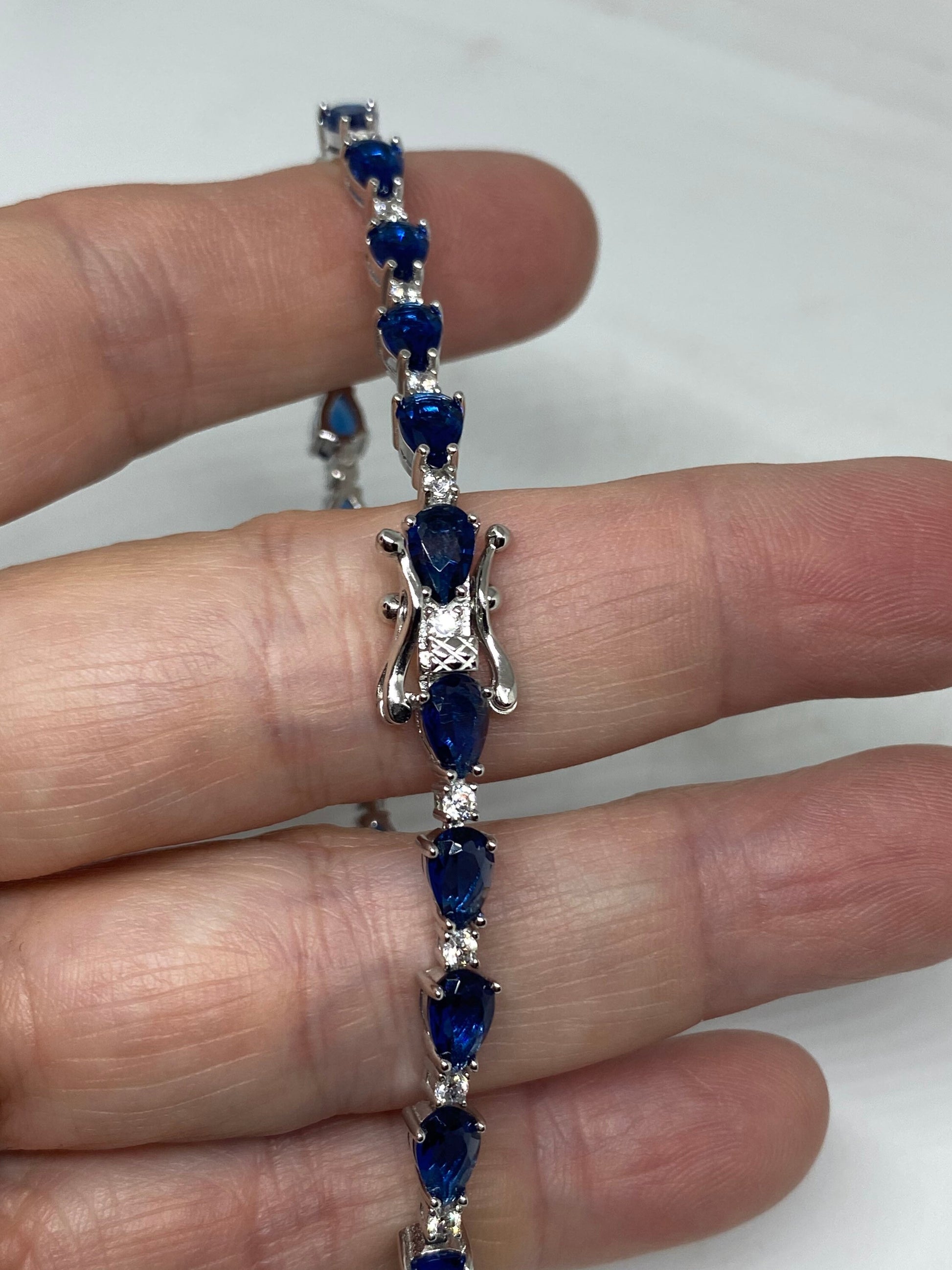 Vintage Blue Crystal Cubic Zirconia Bracelet Sterling Silver Tennis