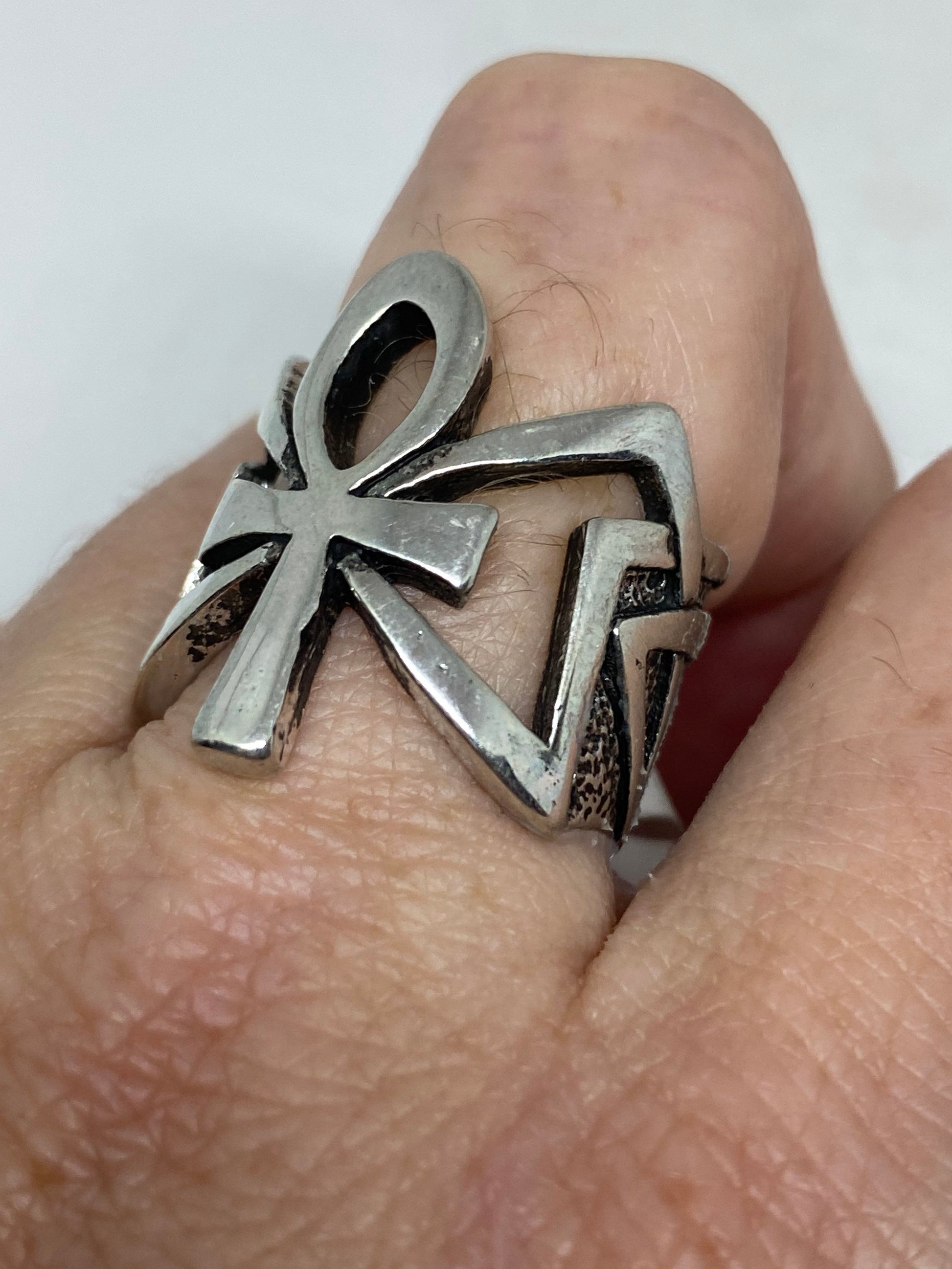 Vintage Silver White Bronze Gothic Egyptian Ankh Men Ring