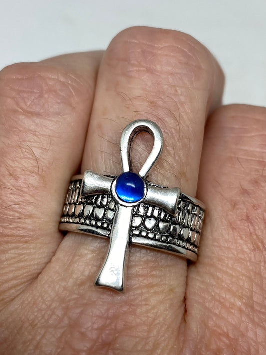 Vintage Silver White Bronze Gothic Egyptian Ankh Men Ring