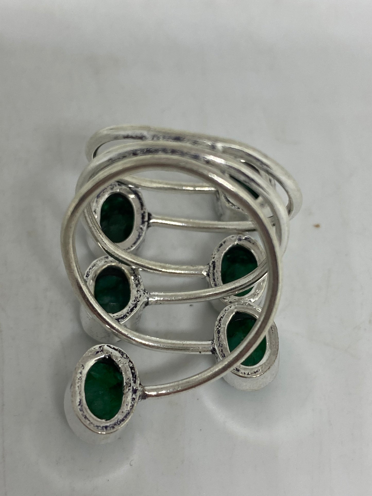 Vintage Green Raw Emerald Silver Bronze Statement Boho Ring Adjustable