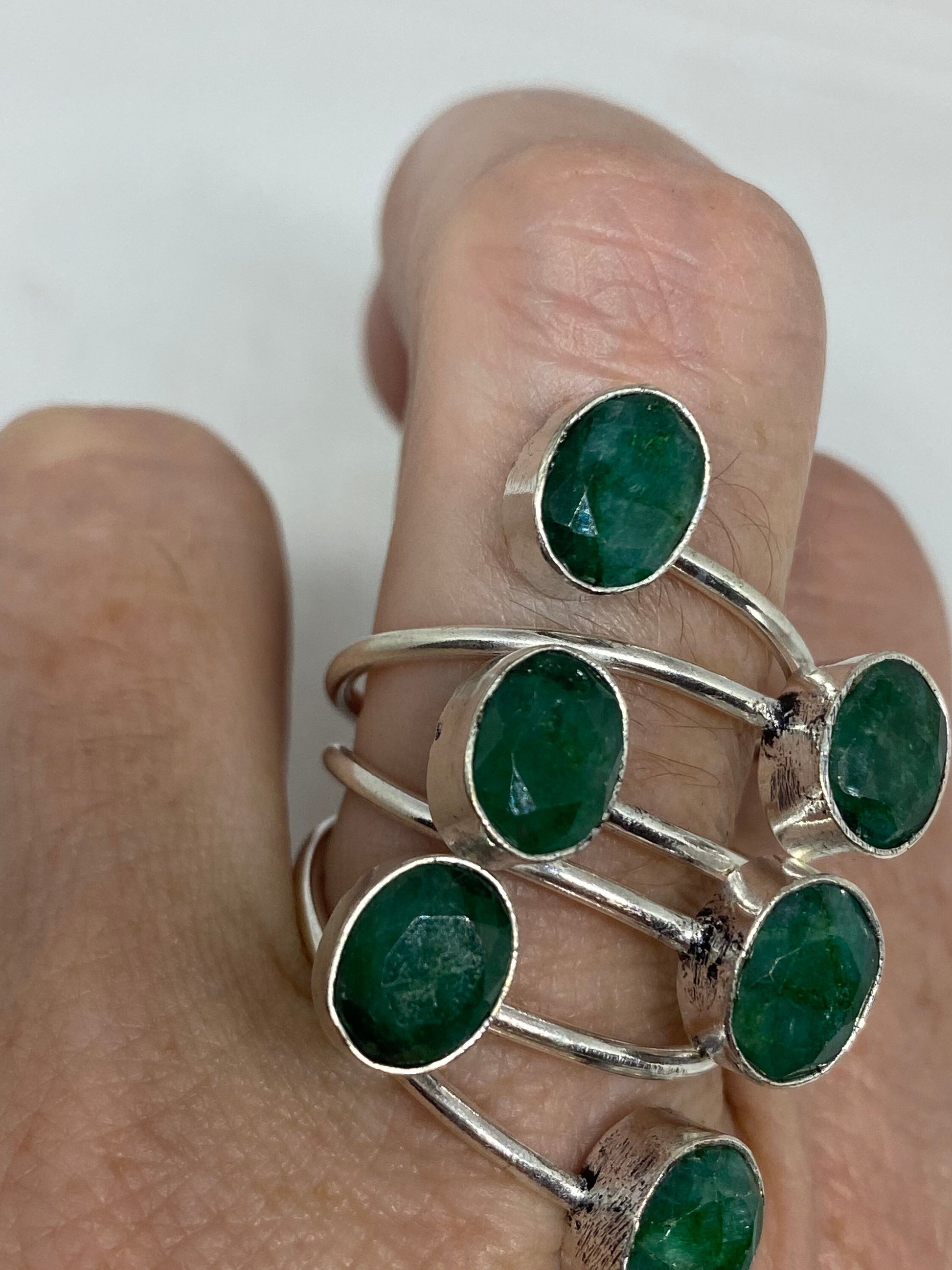 Vintage Green Raw Emerald Silver Bronze Statement Boho Ring Adjustable