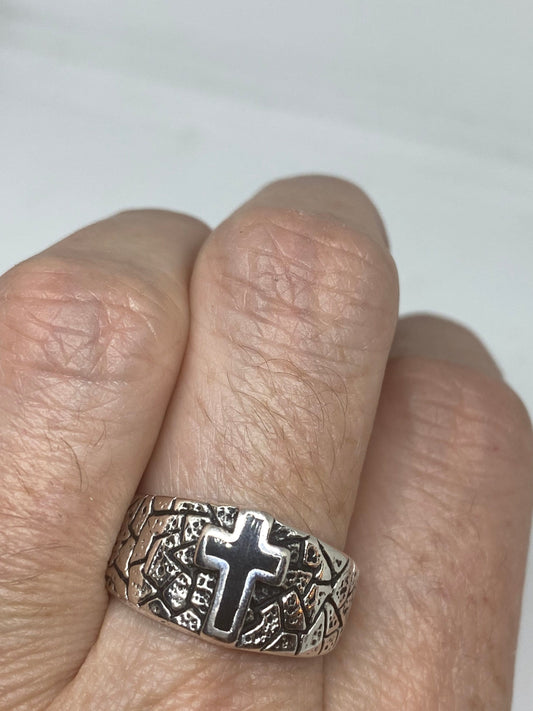 Vintage Gothic Black Inlay Cross Mens White Bronze Ring