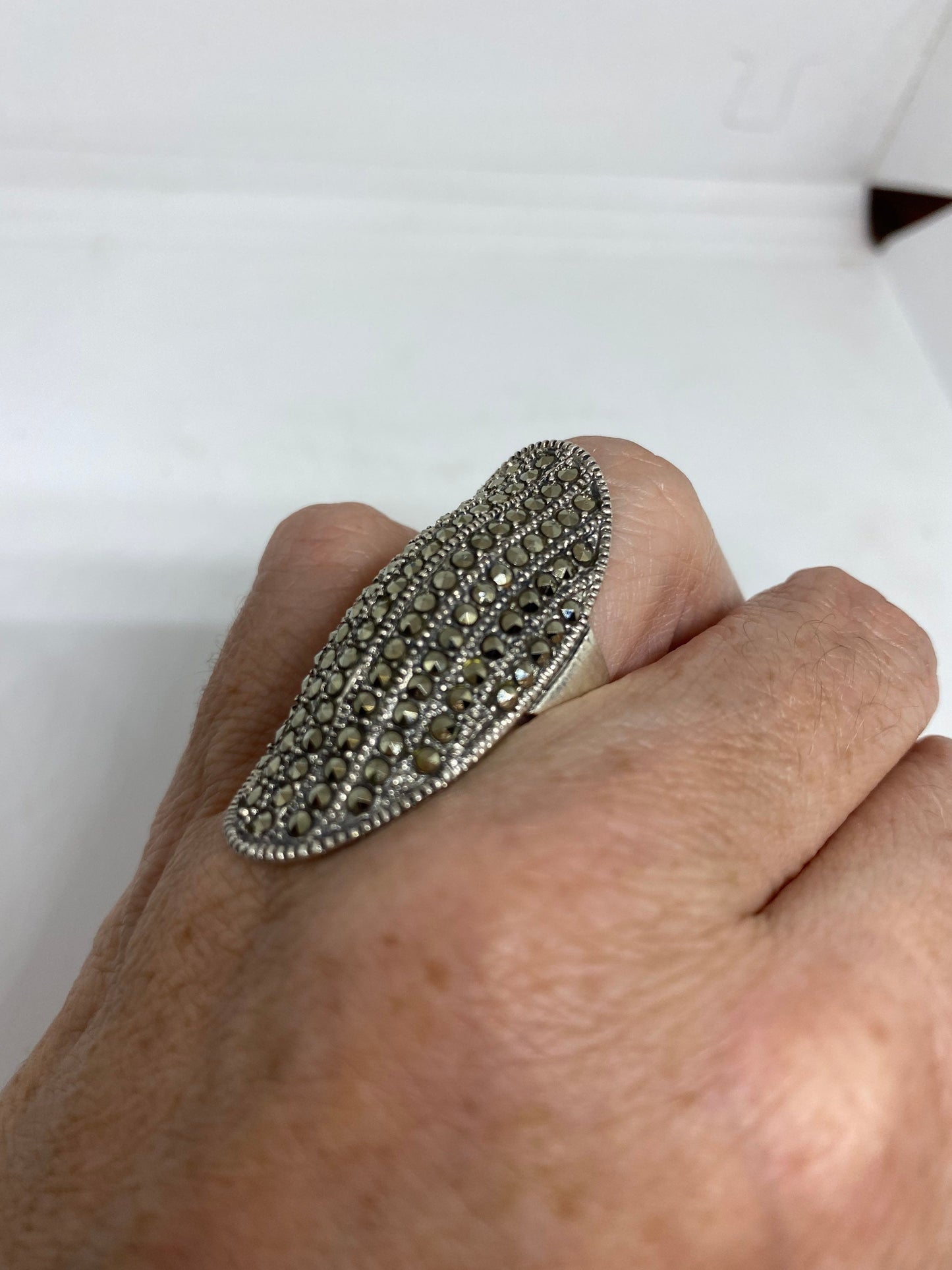 Vintage Handmade Genuine Swiss Marcasite Setting 925 Sterling Silver Gothic Ring