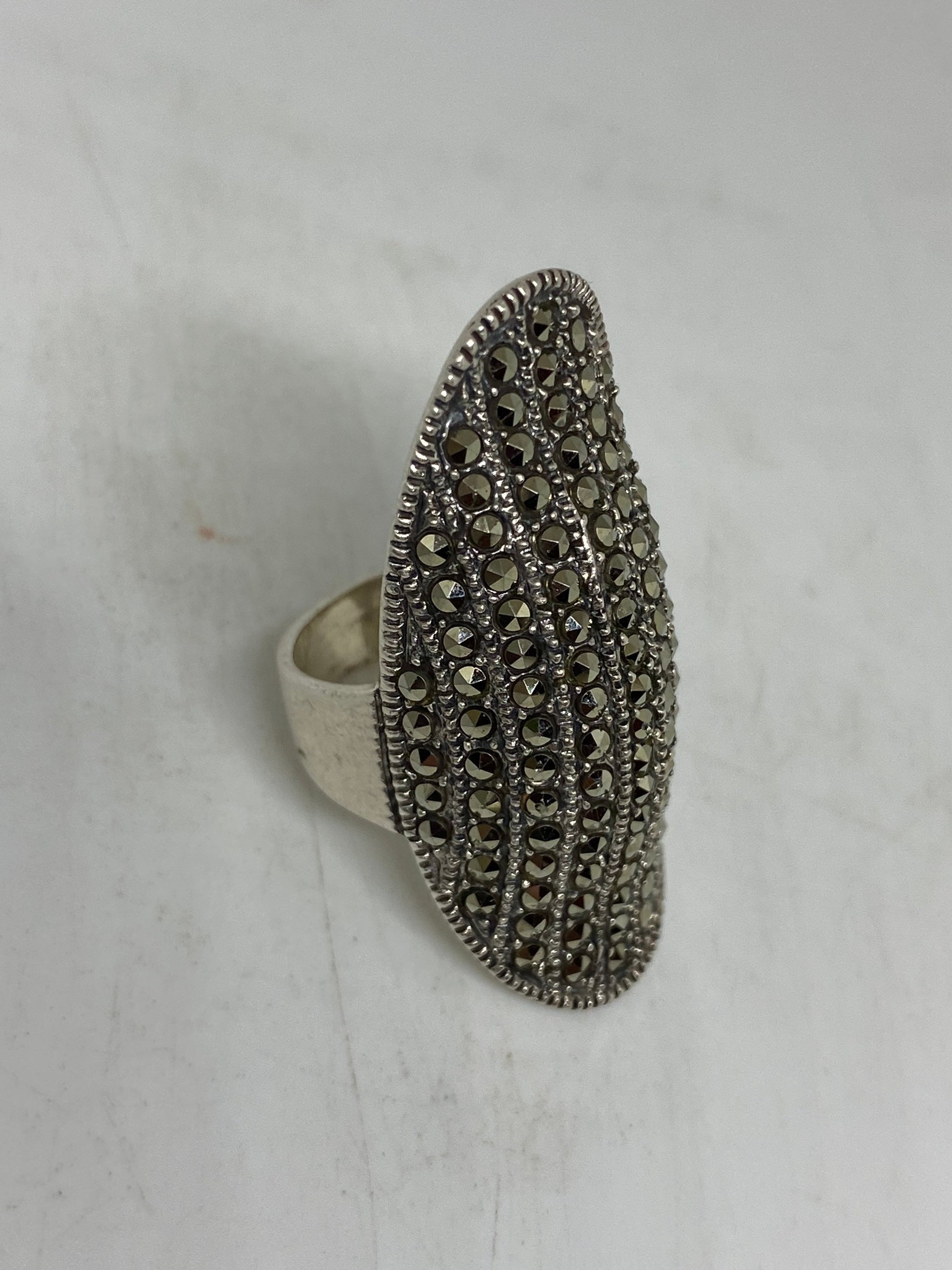 Vintage Handmade Genuine Swiss Marcasite Setting 925 Sterling Silver Gothic Ring