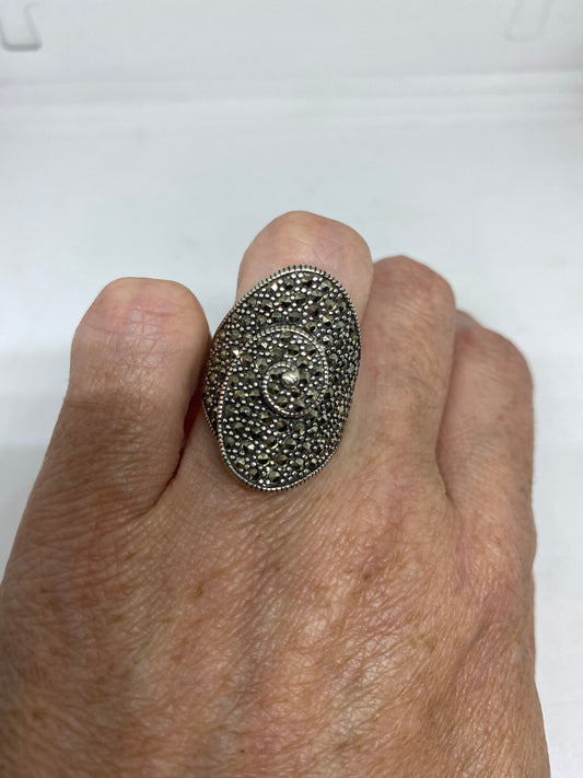 Vintage Handmade Genuine Swiss Marcasite Setting 925 Sterling Silver Gothic Ring