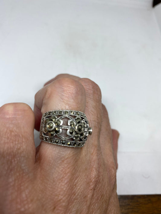 Vintage Handmade Genuine Swiss Marcasite Setting 925 Sterling Silver Gothic Ring