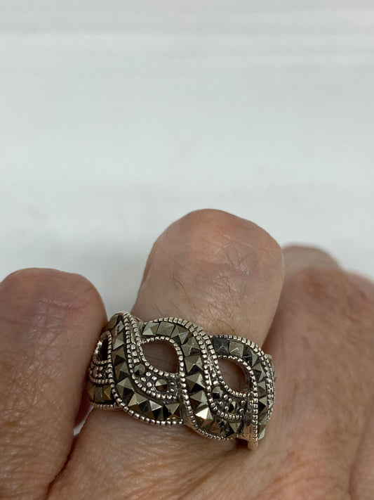 Vintage Handmade Genuine Swiss Marcasite Setting 925 Sterling Silver Gothic Ring