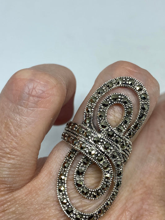 Vintage Handmade Genuine Swiss Marcasite Setting 925 Sterling Silver Gothic Ring