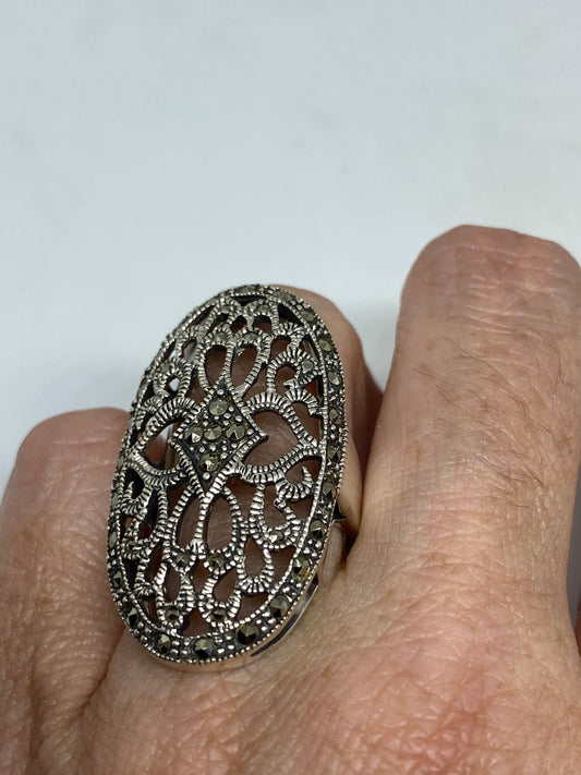 Vintage Handmade Genuine Swiss Marcasite Setting 925 Sterling Silver Gothic Ring