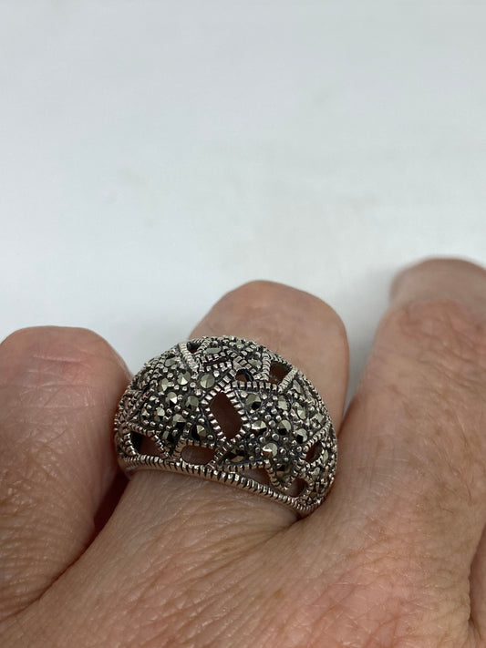 Vintage Handmade Genuine Swiss Marcasite Setting 925 Sterling Silver Gothic Ring