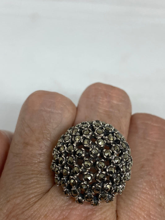 Vintage Handmade Genuine Swiss Marcasite Setting 925 Sterling Silver Gothic Ring