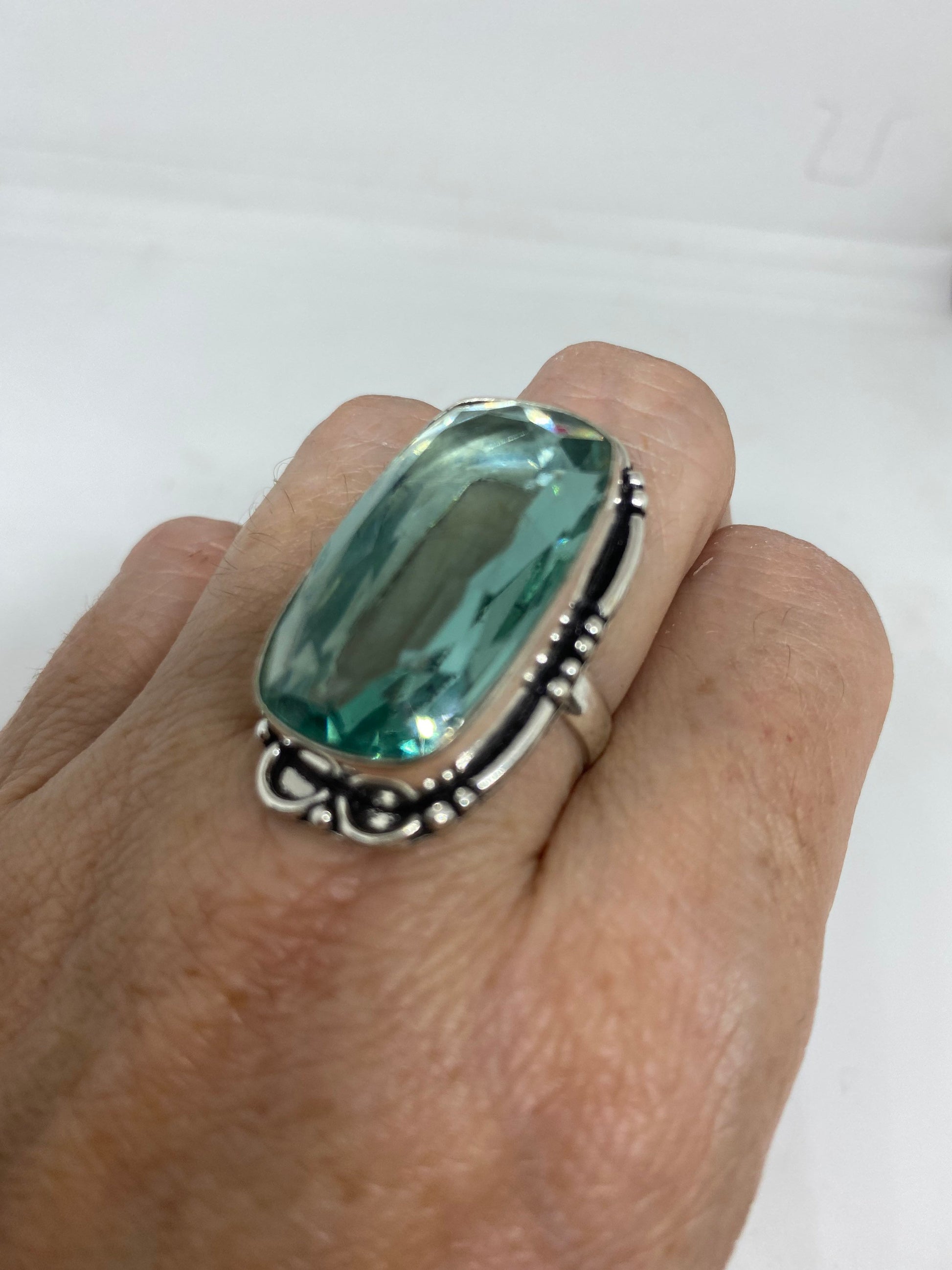 Vintage Aqua Vintage Art Glass Ring About 1 Inch Knuckle Ring Size 7.25