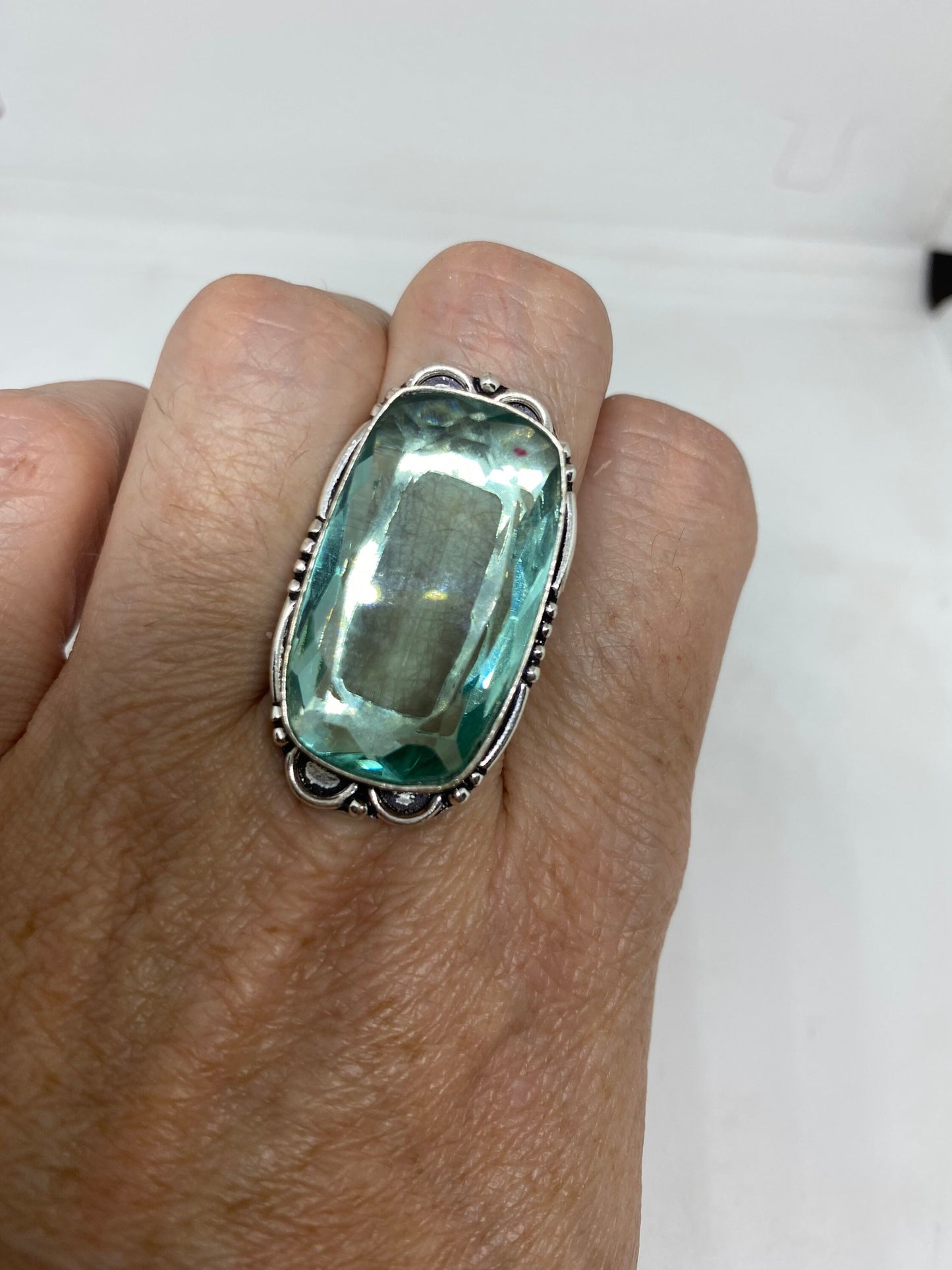 Vintage Aqua Vintage Art Glass Ring About 1 Inch Knuckle Ring Size 7.25