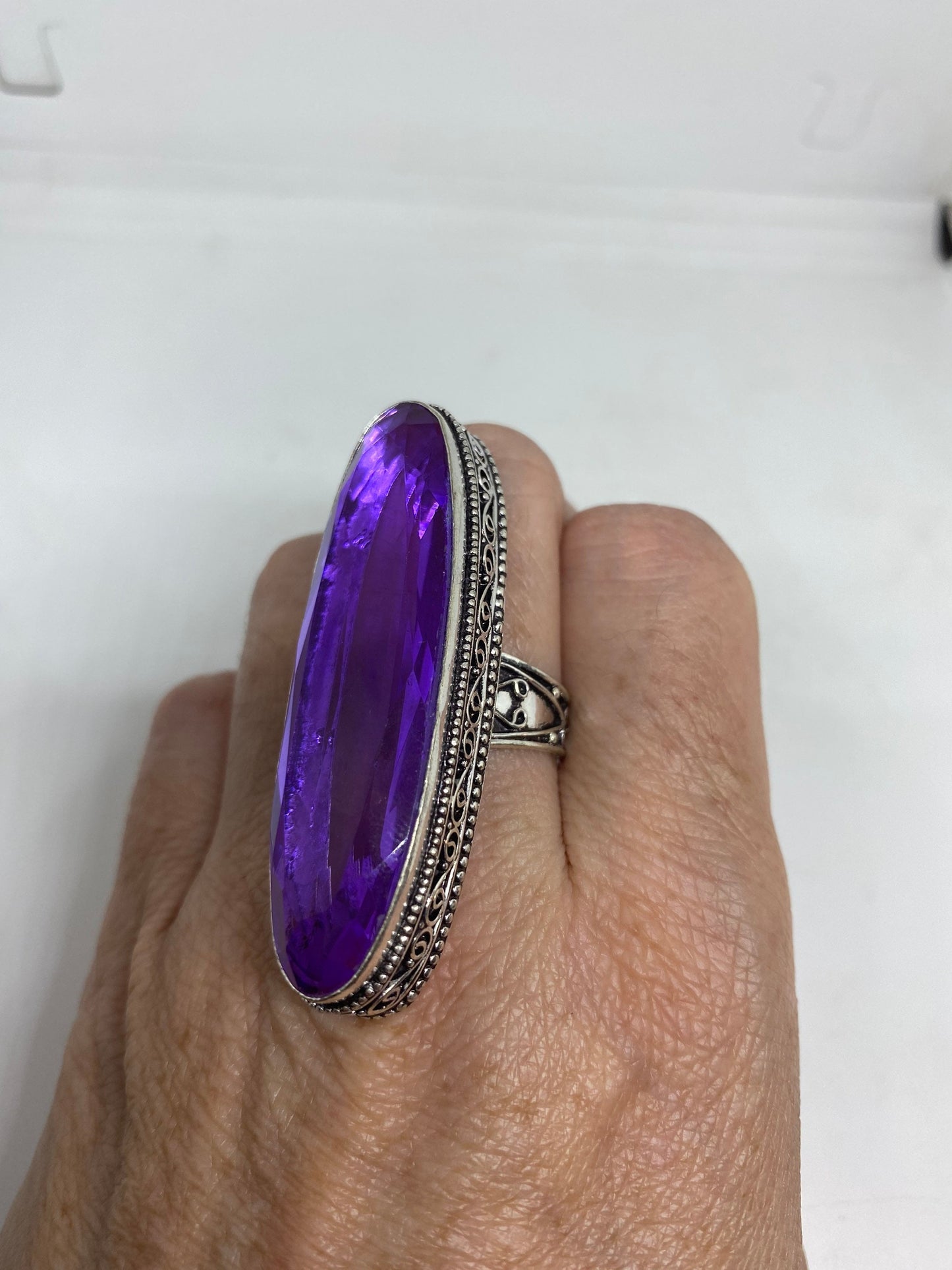 Vintage Purple Art Glass Knuckle Ring, German Silver Size 8