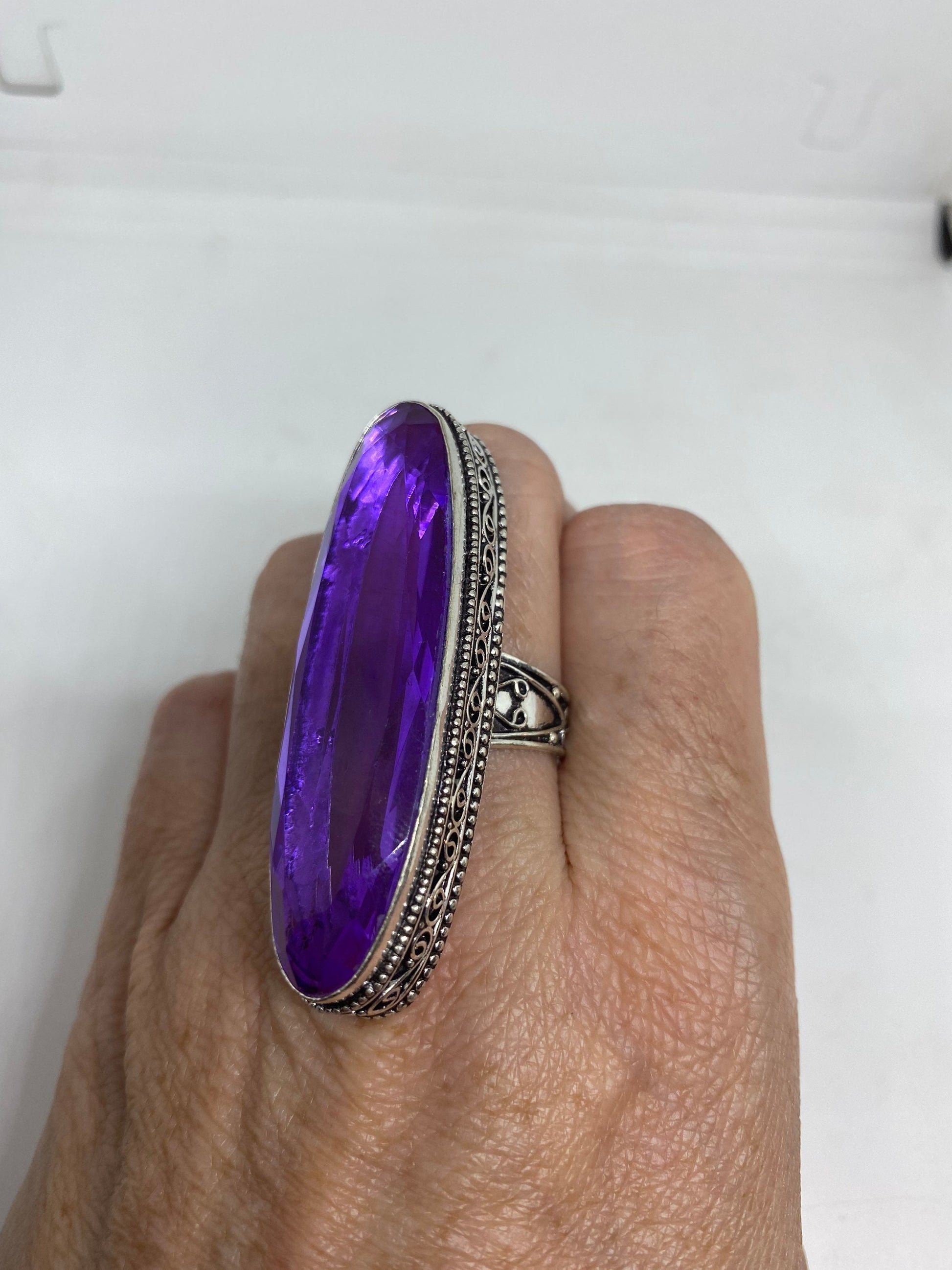Vintage Purple Art Glass Knuckle Ring, German Silver Size 8