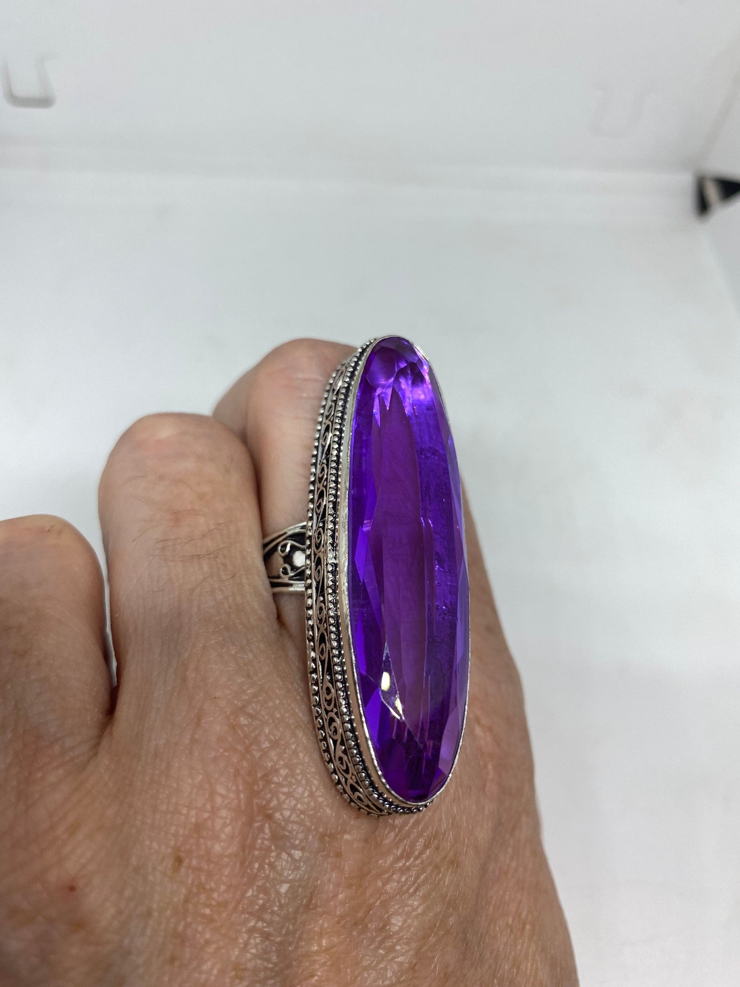 Vintage Purple Vintage Art Glass Ring About 2 Inch Long Knuckle Ring