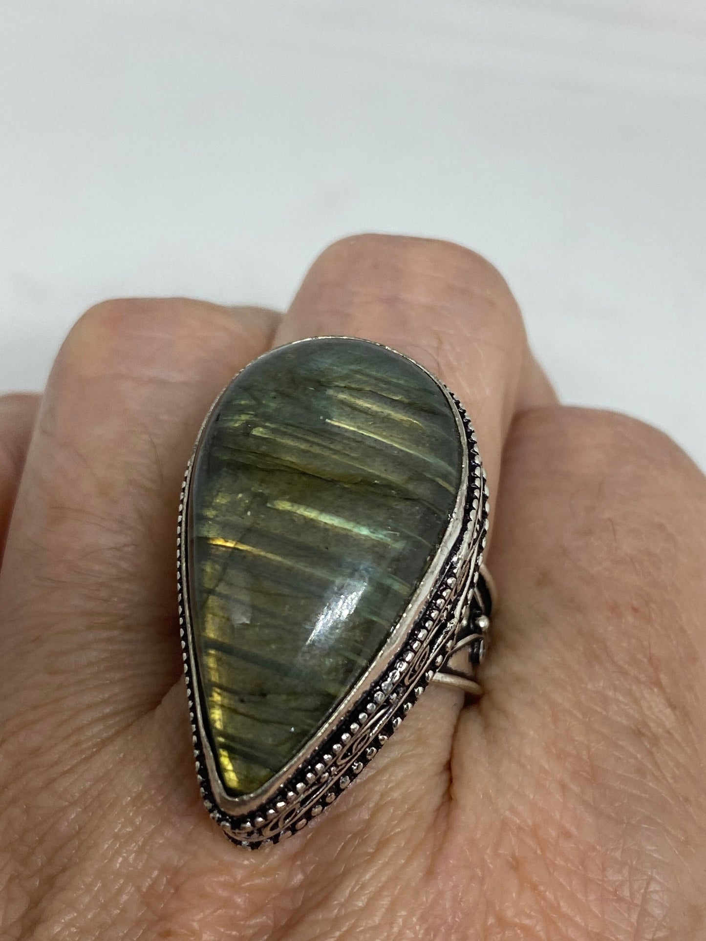 Vintage Large Blue Green Labradorite Stone Silver Ring