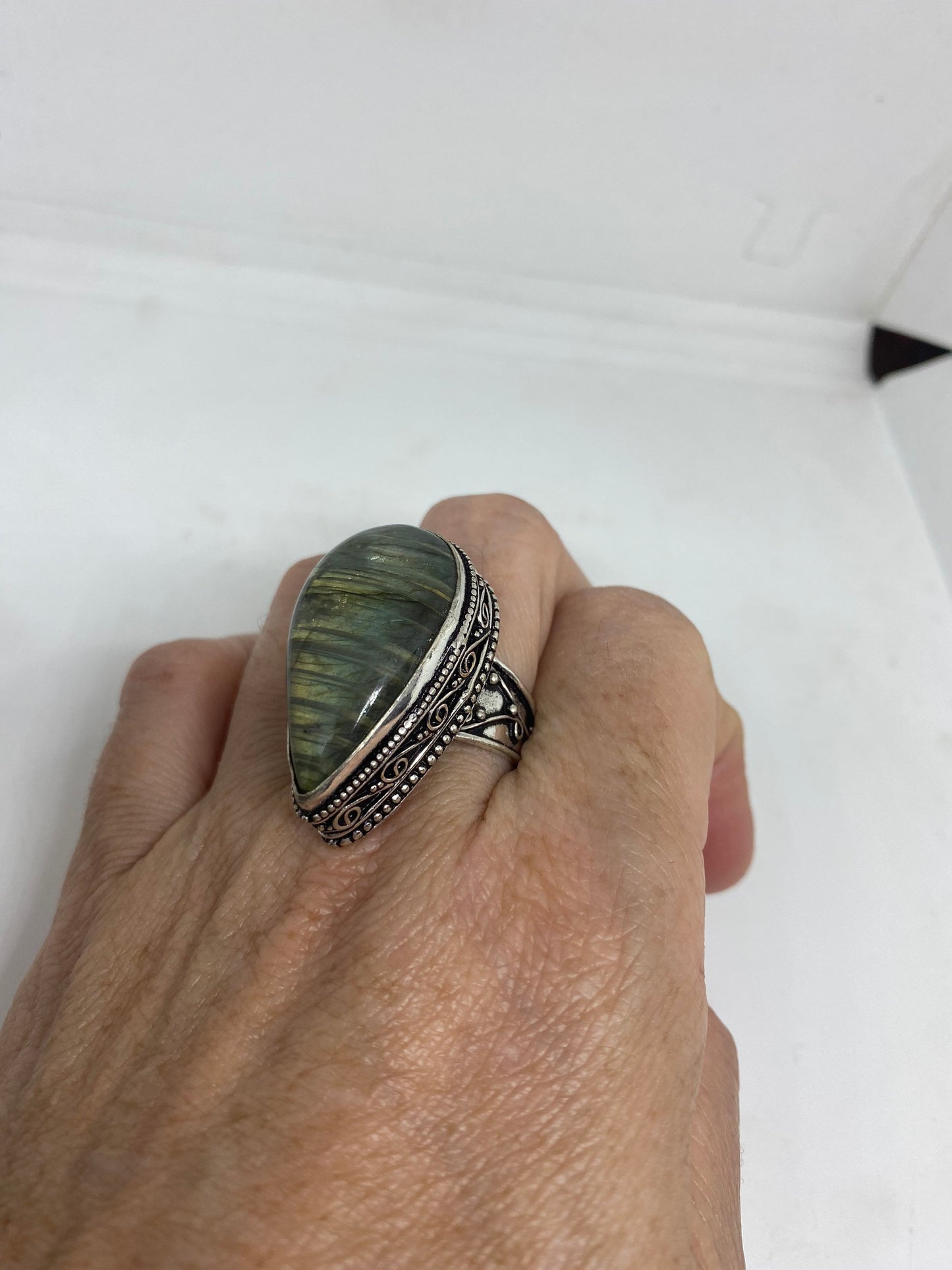 Vintage Large Blue Green Labradorite Stone Silver Ring