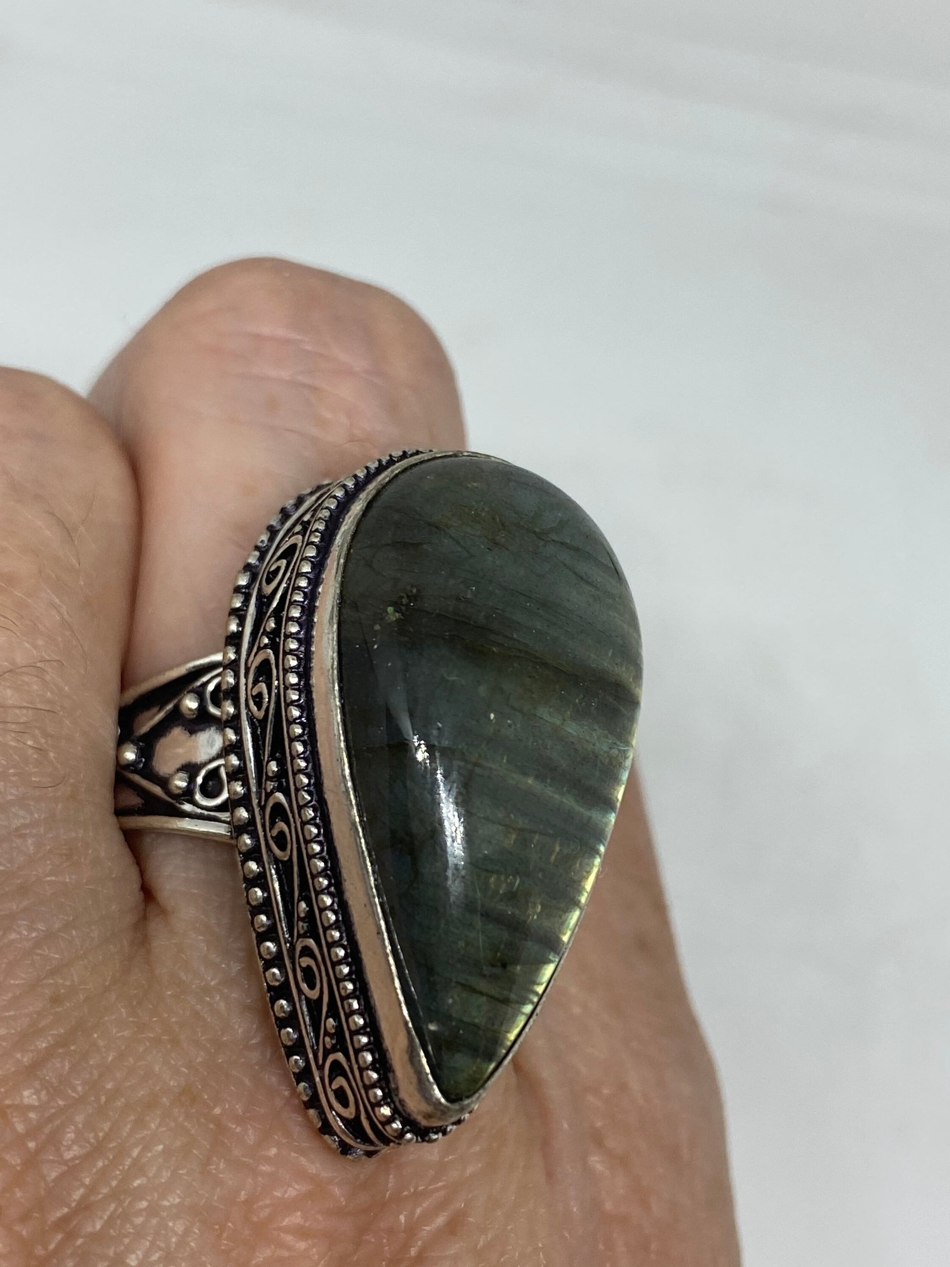 Vintage Large Blue Green Labradorite Stone Silver Ring