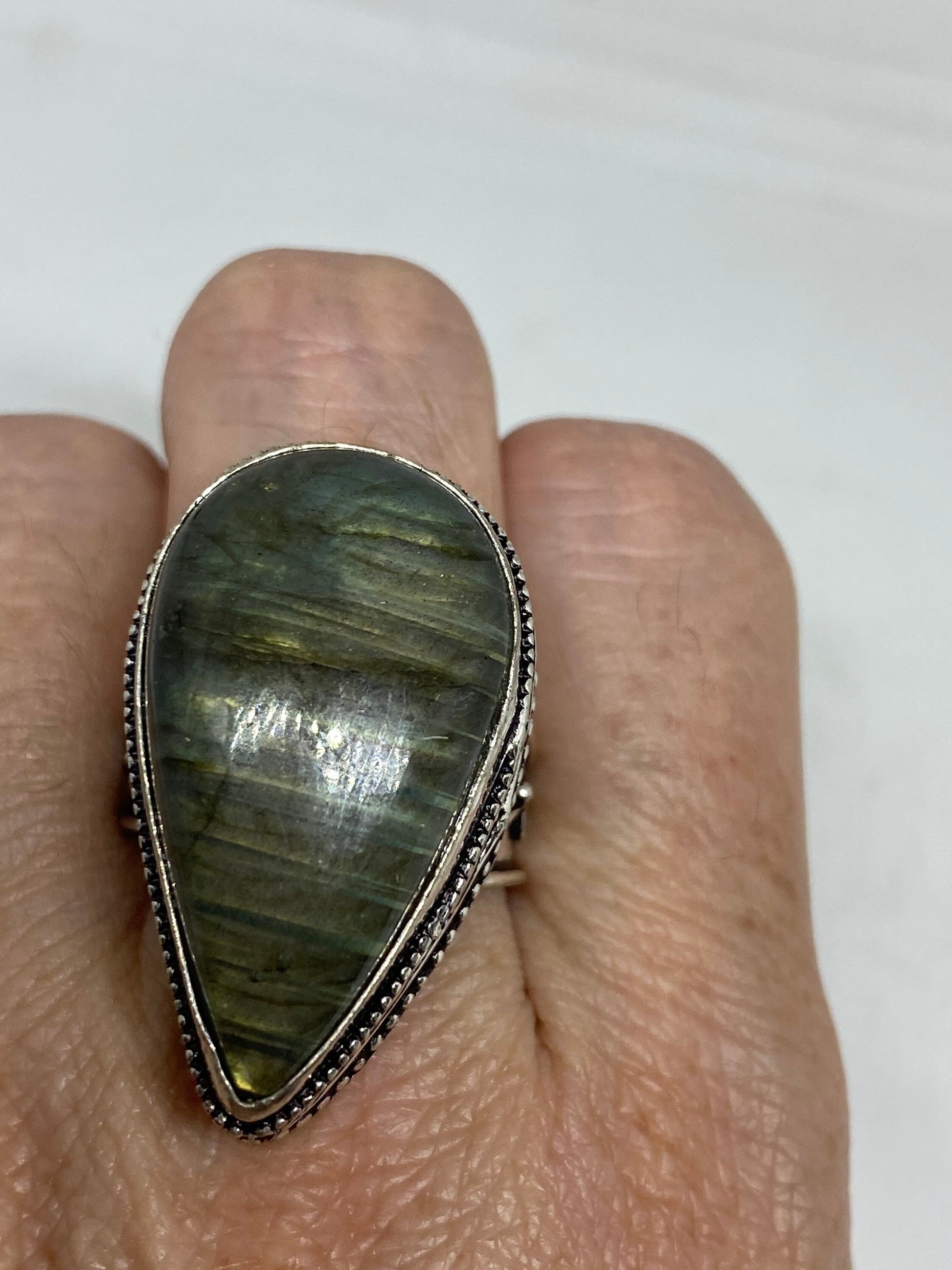 Vintage Large Blue Green Labradorite Stone Silver Ring