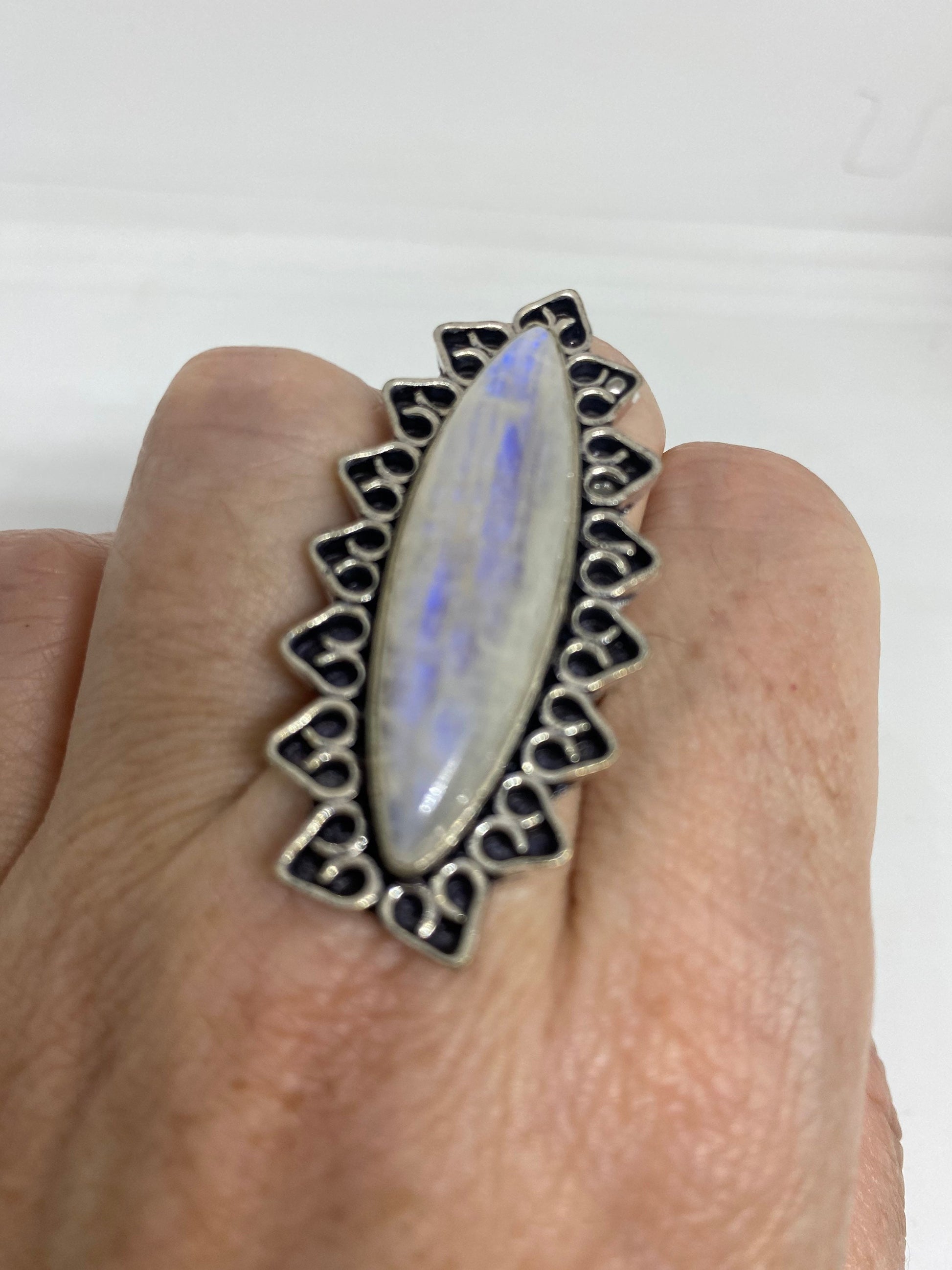 Vintage Genuine Blue White Rainbow Moonstone Ring