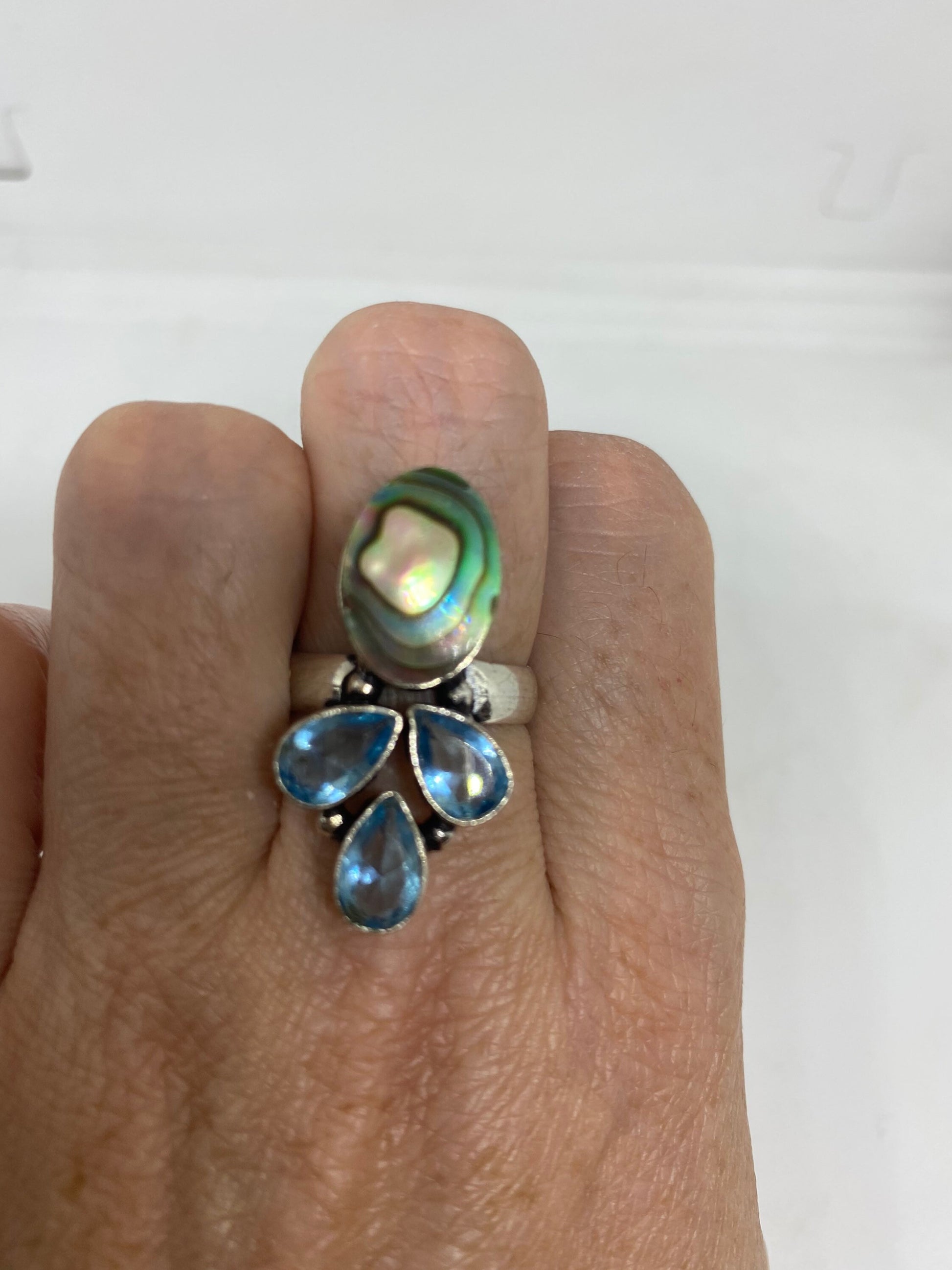 Antique Green Abalone Blue Topaz White Bronze Silver Ring