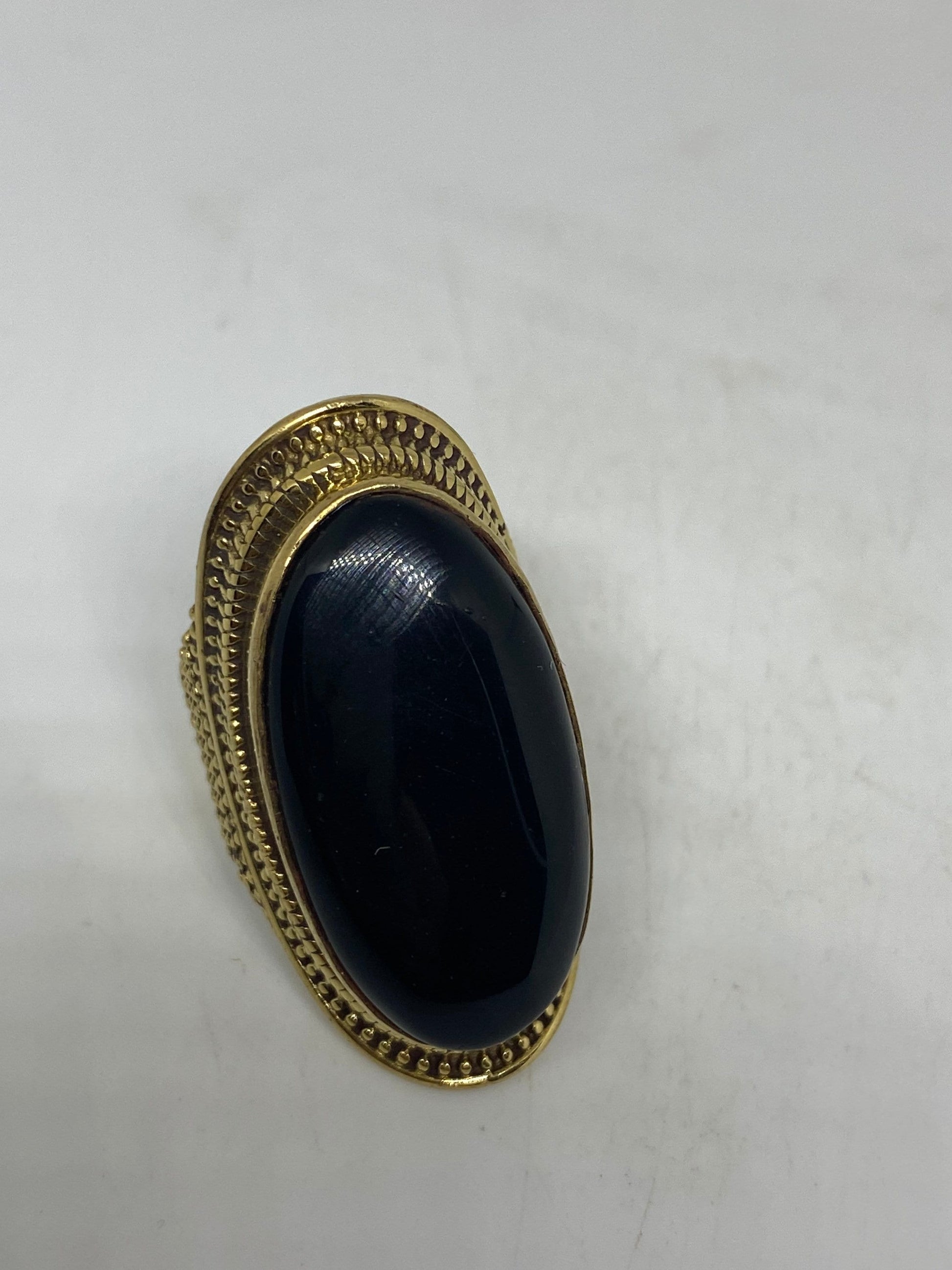 Vintage Genuine Black Onyx Golden Bronx Ring Size 8.5 Adjustable