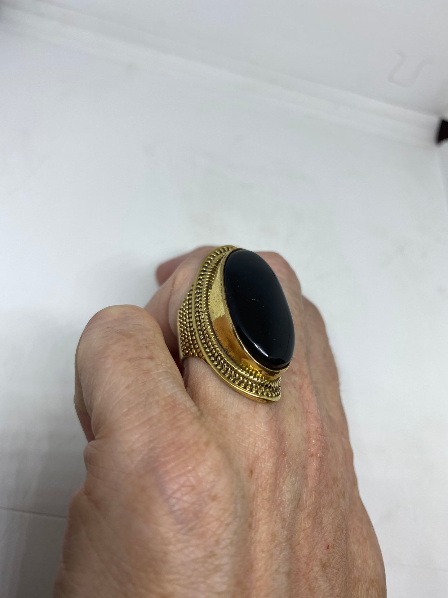 Vintage Genuine Black Onyx Golden Bronx Ring Size 8.5 Adjustable