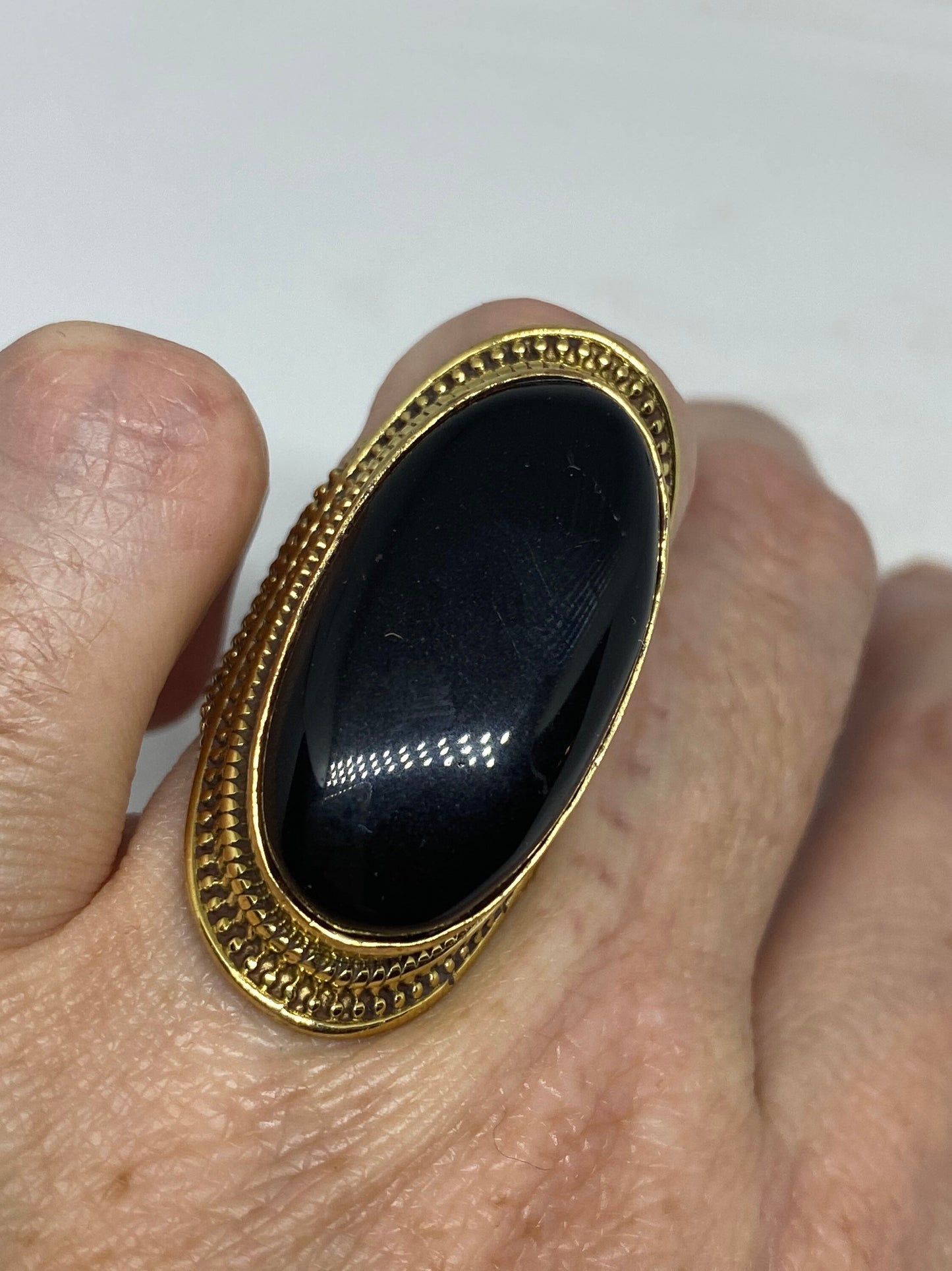 Vintage Genuine Black Onyx Golden Bronx Ring Size 8.5 Adjustable