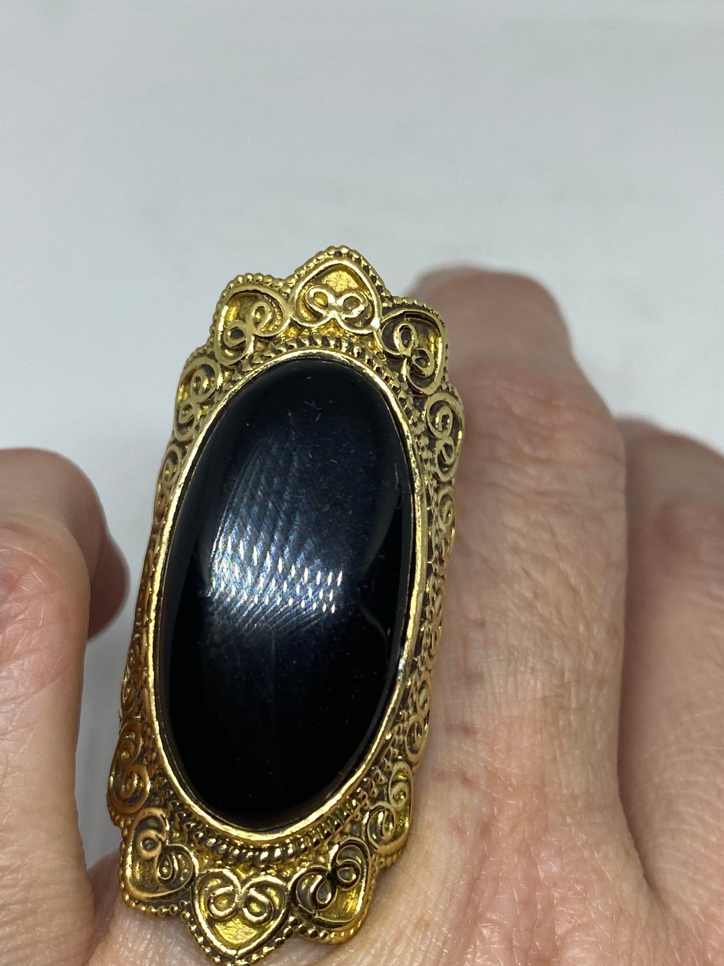 Vintage Genuine Black Onyx Golden Bronx Ring Size 8.5 Adjustable